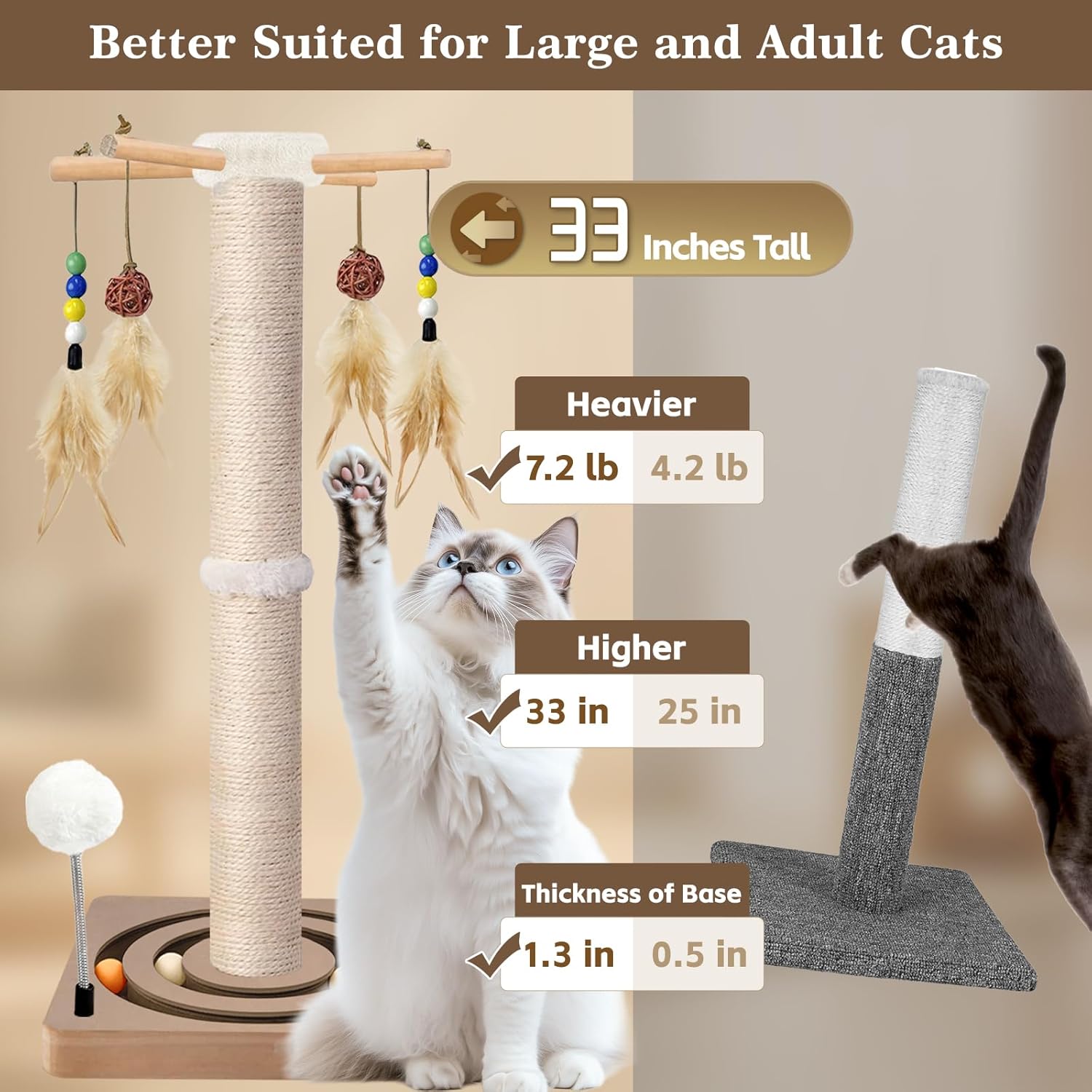 Cat Scratching Post, Sisal, Interactive Furniture Toys for Indoor Cats Adults, 2 Mounting Methods Scratcher Tree Tower with Hanging and Ball Track, Activity Center for Kitten, 25 inches