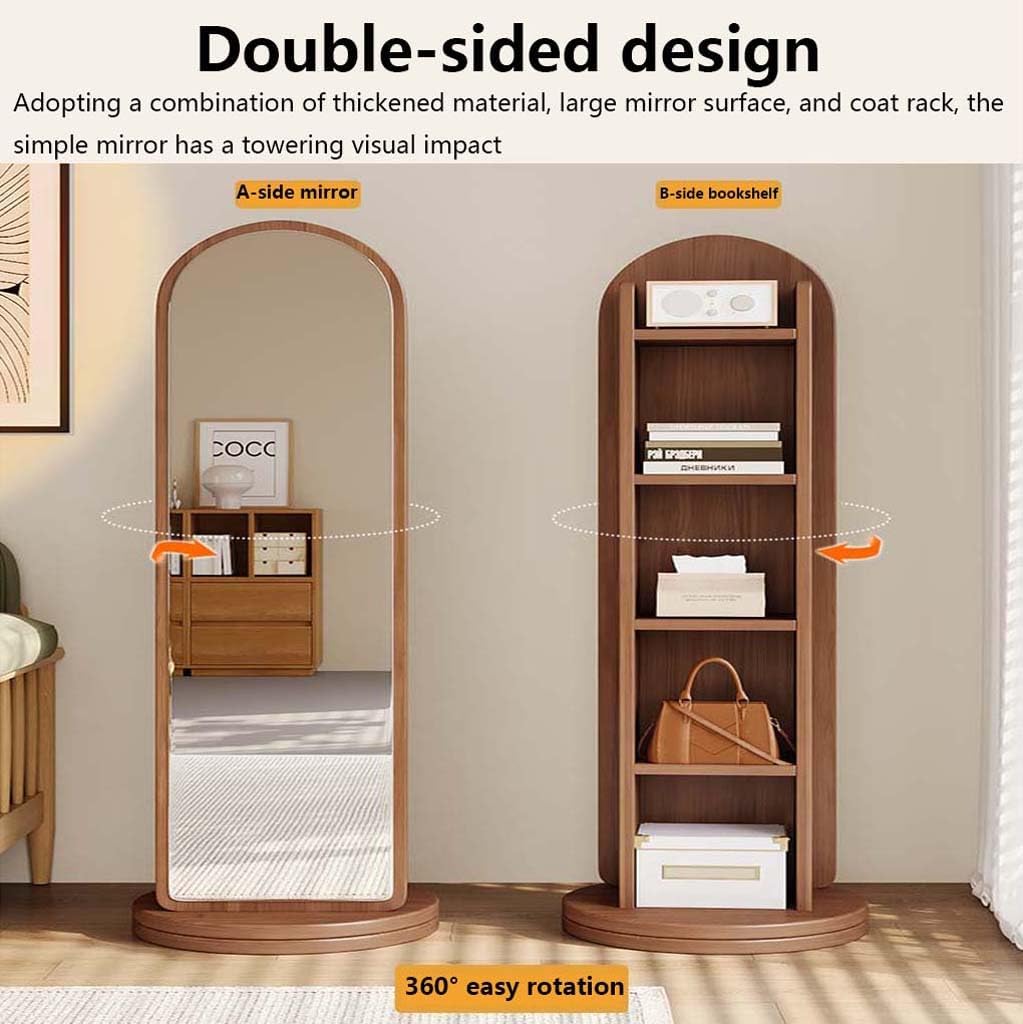 360° Rotating Wood Full Length Mirror, Wood Floor Mirror and Storage Shelf & Bookshelf, Long Mirrors for Bedroom, Living Room, Entryway