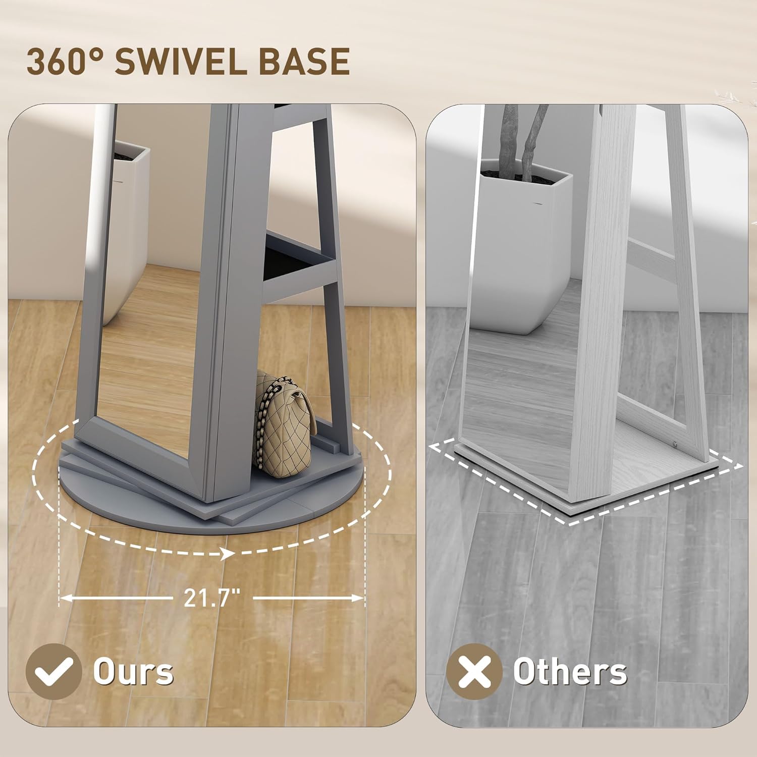 HOMCOM 360° Swivel Jewelry Cabinet, Lockable Jewelry Armoire Organizer with Full-Length Mirror, Back Storage Shelves, Interior Small Mirror, for Bedroom Living Room, White