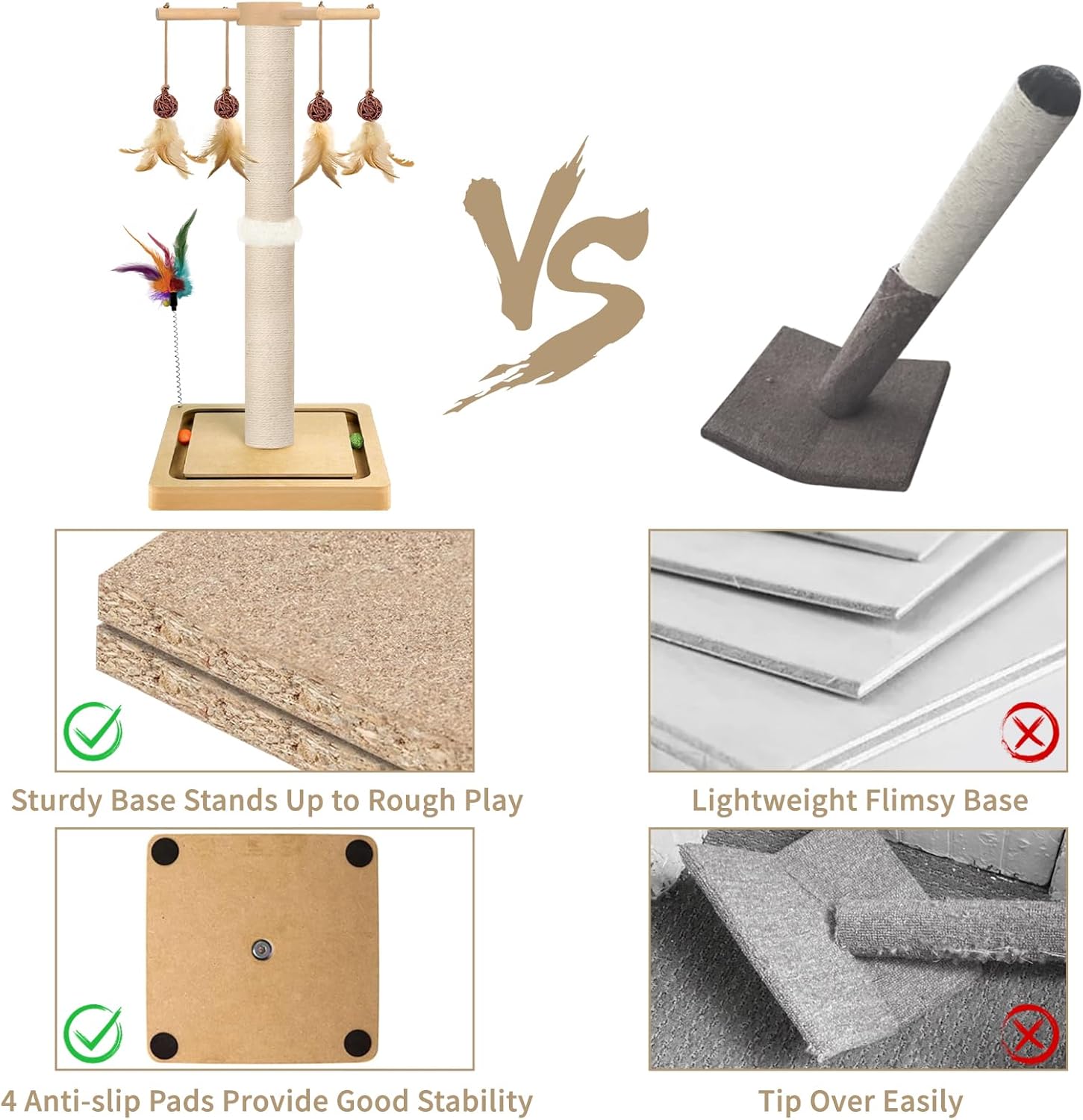 Cat Scratching Post, Sisal, Interactive Furniture Toys for Indoor Cats Adults, 2 Mounting Methods Scratcher Tree Tower with Hanging and Ball Track, Activity Center for Kitten, 25 inches