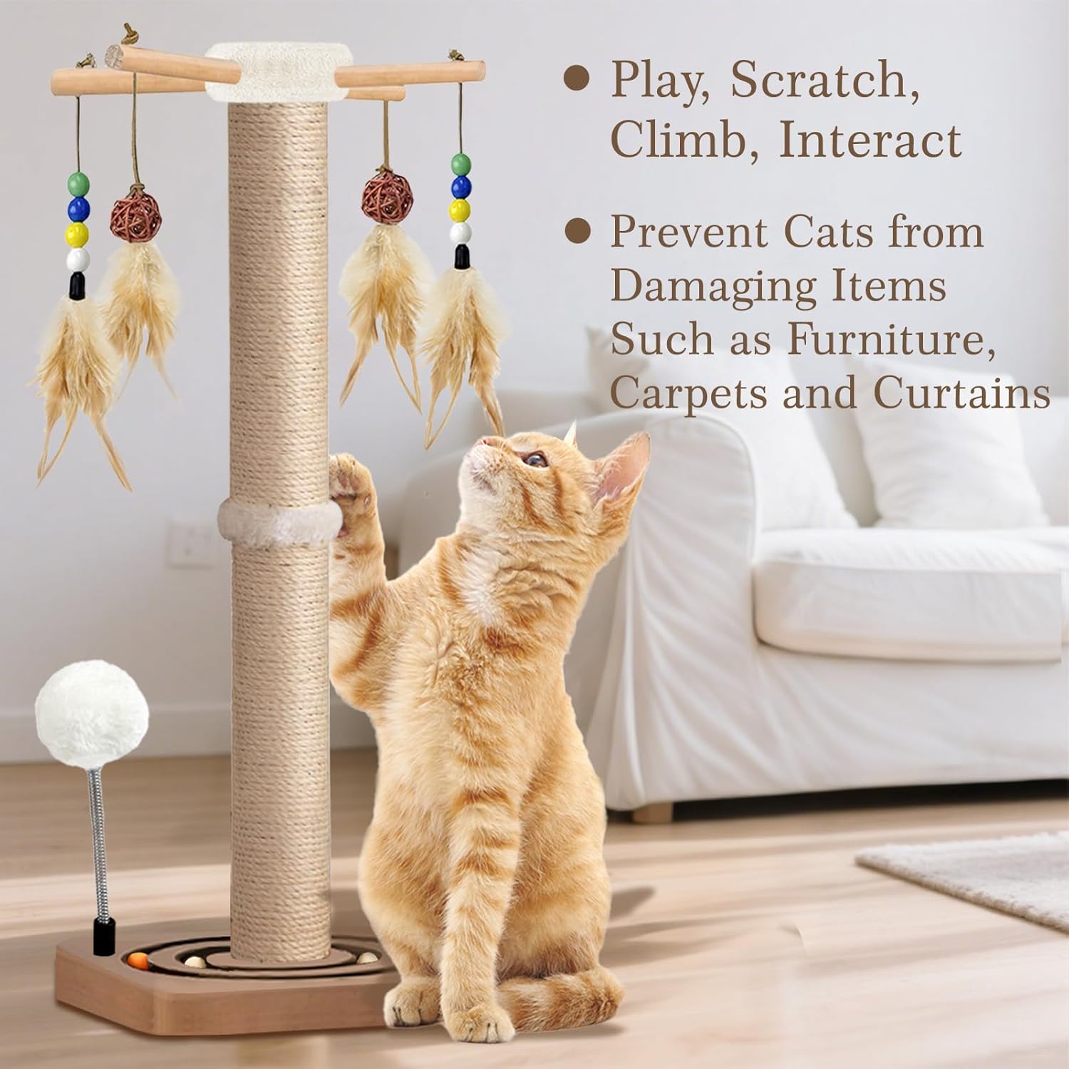 Cat Scratching Post, Sisal, Interactive Furniture Toys for Indoor Cats Adults, 2 Mounting Methods Scratcher Tree Tower with Hanging and Ball Track, Activity Center for Kitten, 25 inches