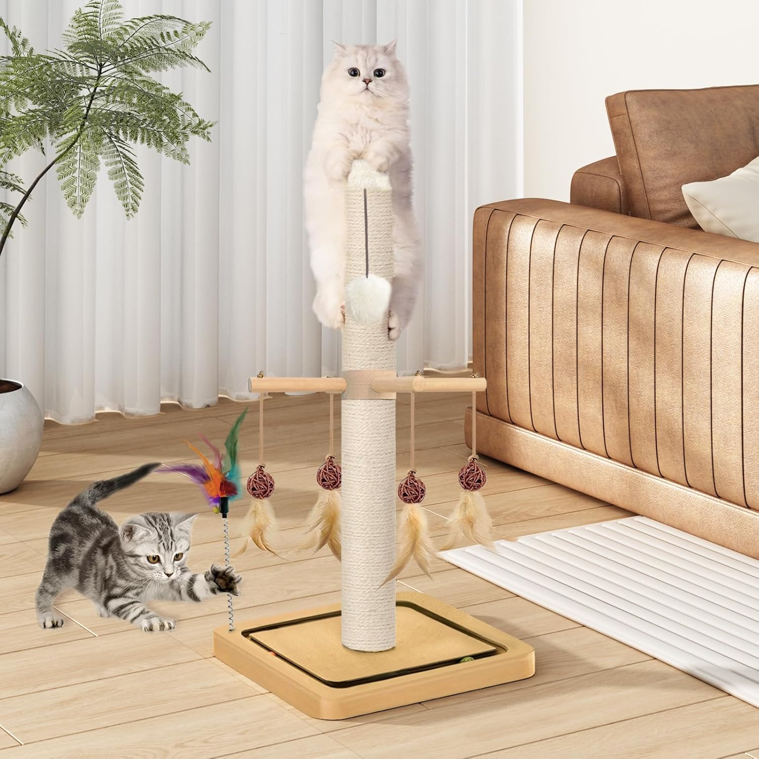 Cat Scratching Post, Sisal, Interactive Furniture Toys for Indoor Cats Adults, 2 Mounting Methods Scratcher Tree Tower with Hanging and Ball Track, Activity Center for Kitten, 25 inches