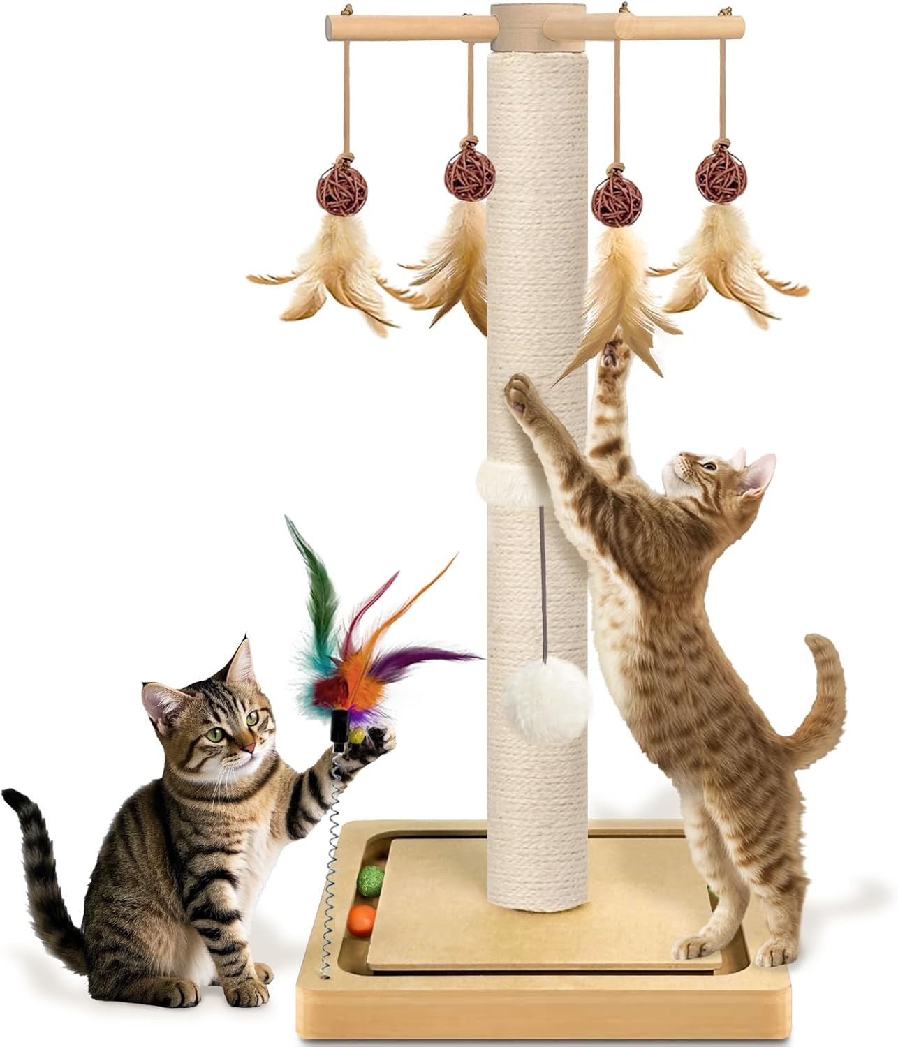 Cat Scratching Post, Sisal, Interactive Furniture Toys for Indoor Cats Adults, 2 Mounting Methods Scratcher Tree Tower with Hanging and Ball Track, Activity Center for Kitten, 25 inches