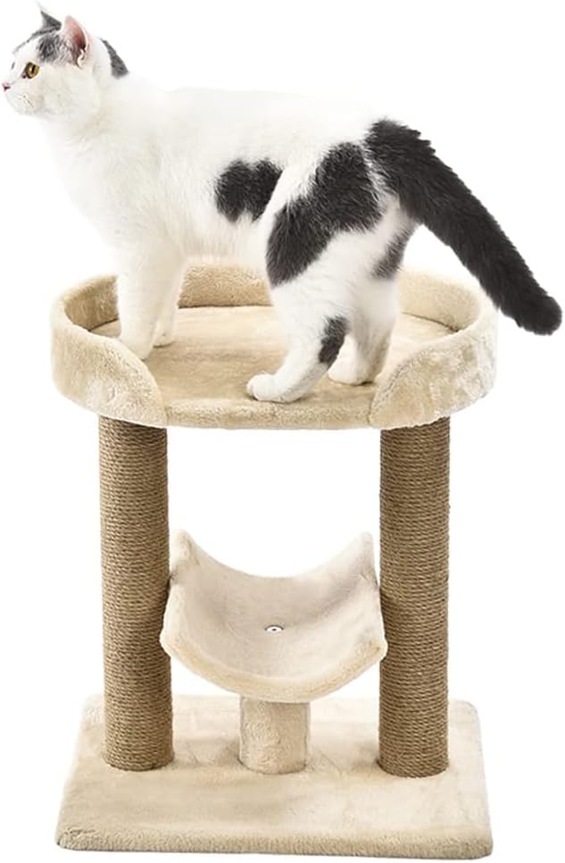 Amazon Basics Cat Condo Tower with Hammock Bed and Scratching Post,Easy to Assemble,Plush Hammock,Interactive Hanging Ball,Durable Sisal Scratch Posts for Indoor Cats, 15.8 x 15.8 x 19.7 Inches, Beige
