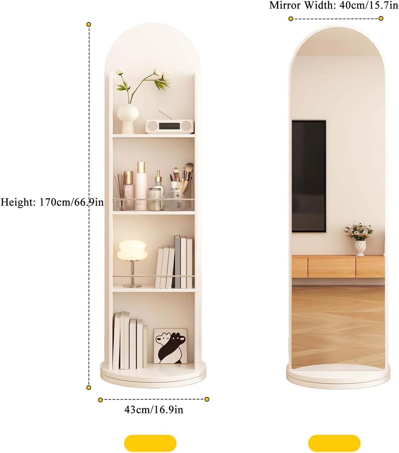 Arched Solid Wood Full-Length Mirror with Bookshelf, 360º Rotating Bookshelf Mirror, Floor-Standing Mirrors and Magazine Holder for Living Room Bedroom