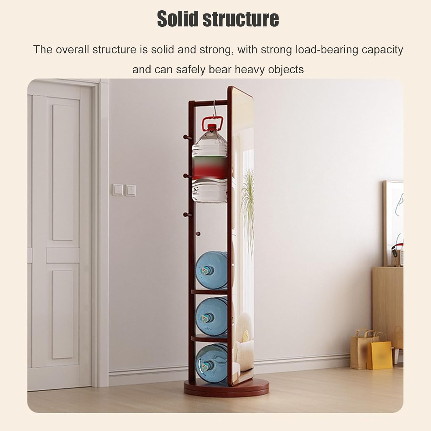 Rotatable Full Length Mirror with Cloak Rack, 360° Rotating Solid Wood Full Body Mirror , 3-in-1 Floor Standing Mirrors with Hooks & Hidden Storage,for Bedroom, Living Room, Dressing Room, 66.1 * 15