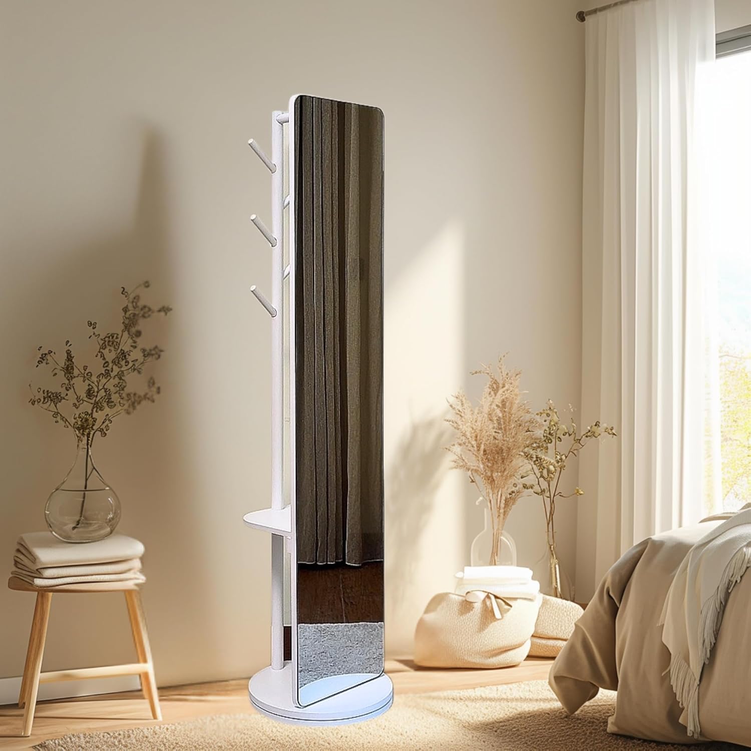 Rotating Solid Wood Full Length Mirror with Coat Rack, 69x16” Shatterproof Floor Mirror with Storage Clothes Rack, Shelf & Hooks – Ideal for Hallway, Bedroom, or Living Room (Black, Large)