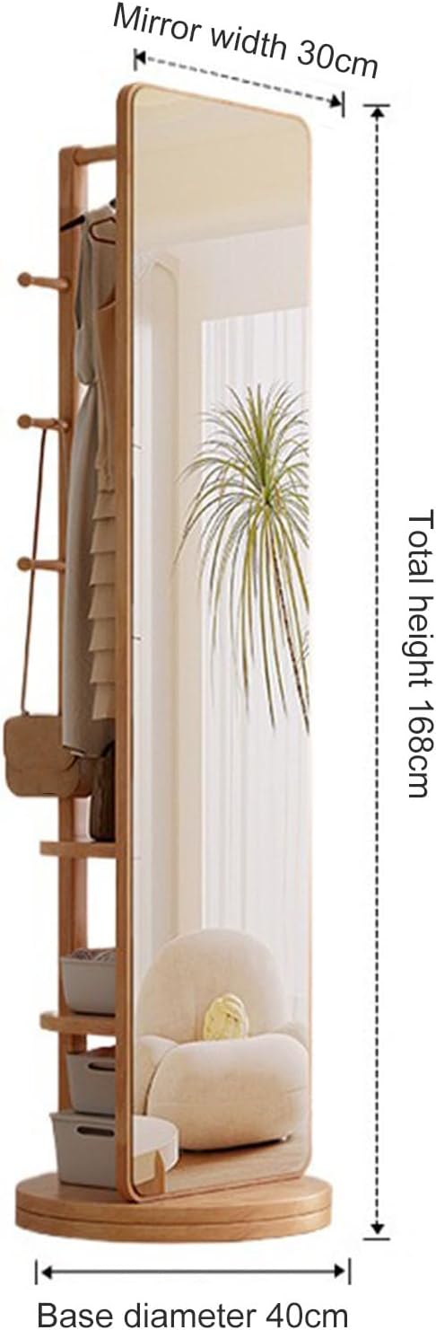 Rotatable Full Length Mirror with Cloak Rack, 360° Rotating Solid Wood Full Body Mirror , 3-in-1 Floor Standing Mirrors with Hooks & Hidden Storage,for Bedroom, Living Room, Dressing Room, 66.1 * 15