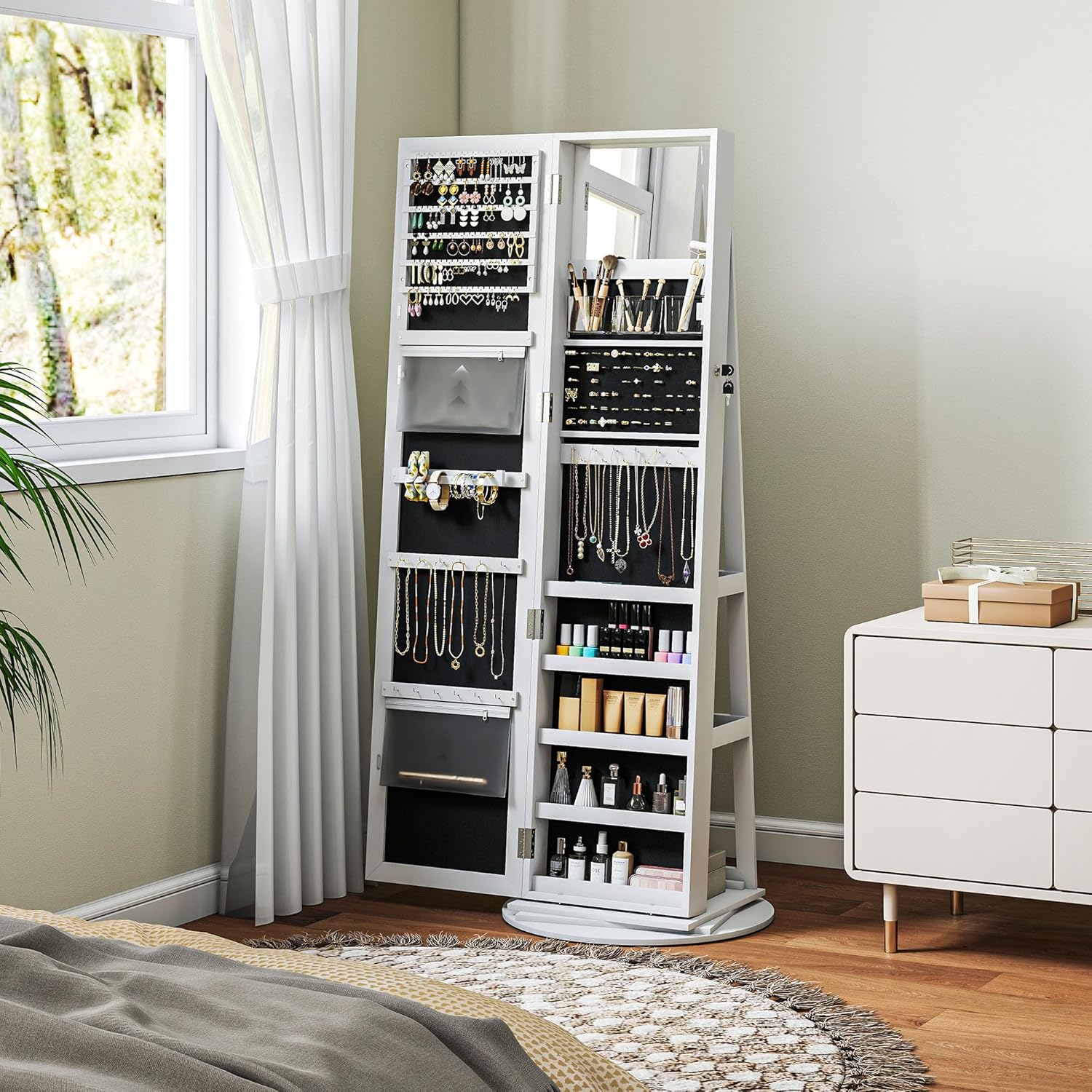 HOMCOM 360° Swivel Jewelry Cabinet, Lockable Jewelry Armoire Organizer with Full-Length Mirror, Back Storage Shelves, Interior Small Mirror, for Bedroom Living Room, White