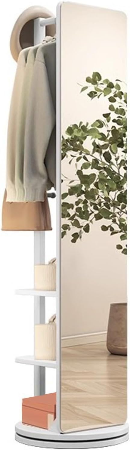 Rotatable Full Length Mirror with Cloak Rack, 360° Rotating Solid Wood Full Body Mirror , 3-in-1 Floor Standing Mirrors with Hooks & Hidden Storage,for Bedroom, Living Room, Dressing Room, 66.1 * 15