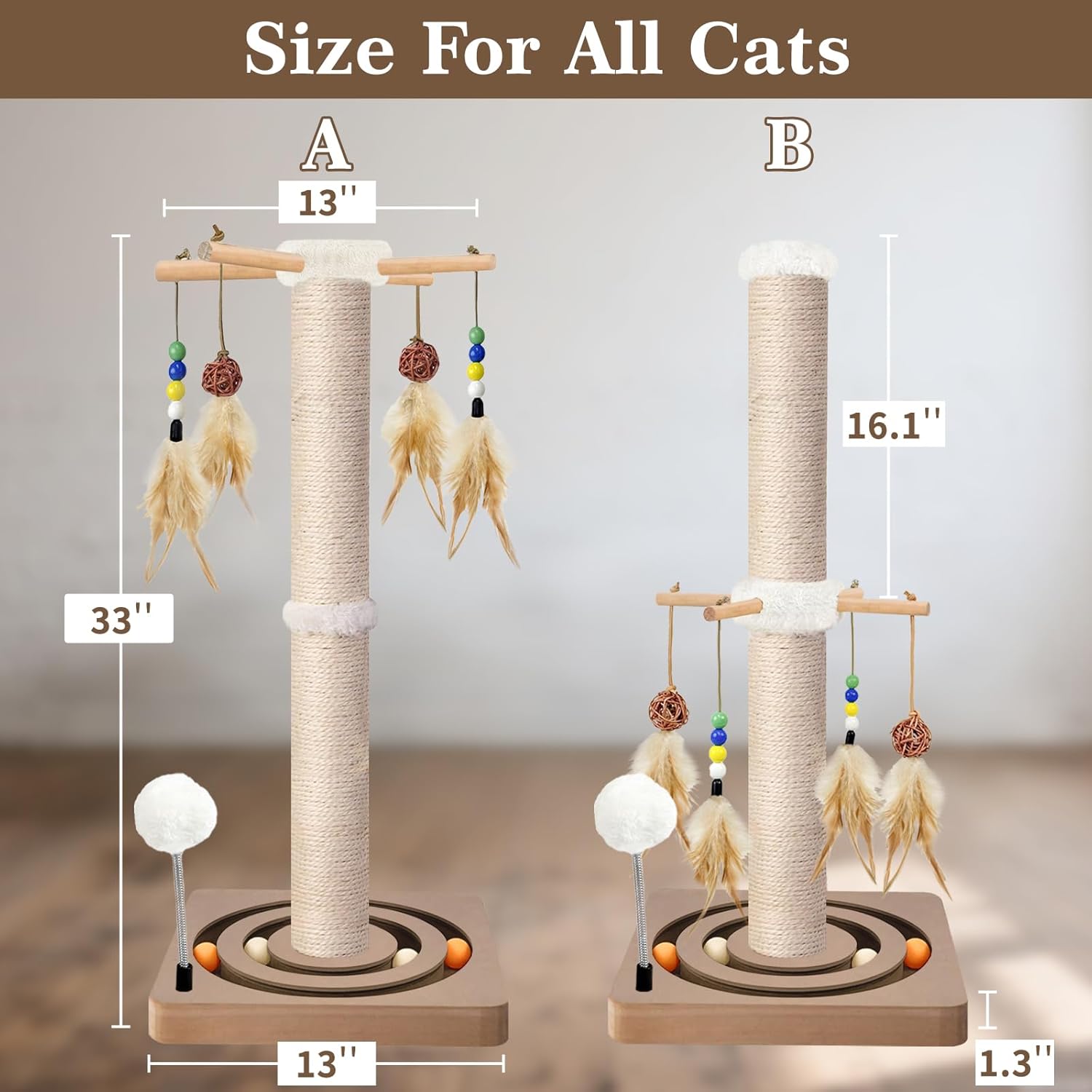 Cat Scratching Post, Sisal, Interactive Furniture Toys for Indoor Cats Adults, 2 Mounting Methods Scratcher Tree Tower with Hanging and Ball Track, Activity Center for Kitten, 25 inches