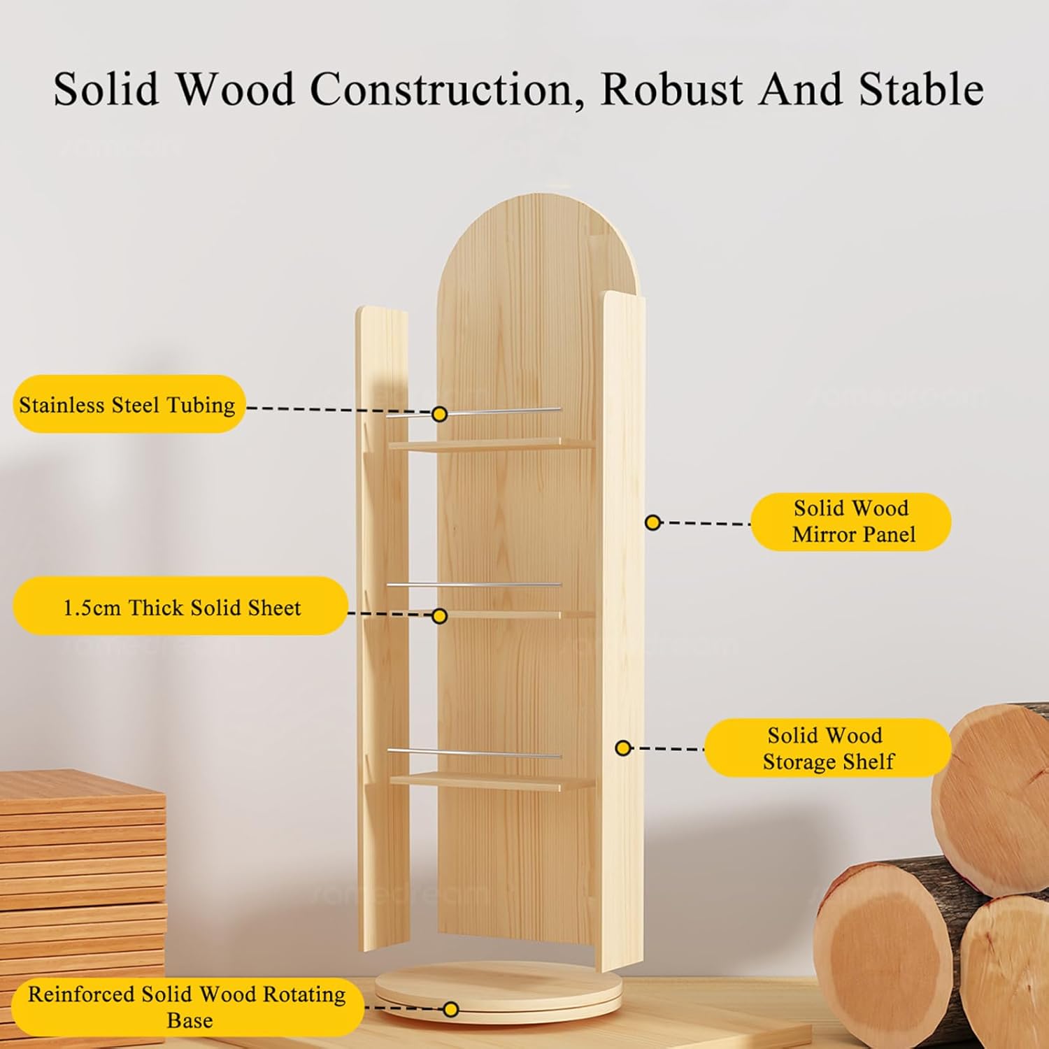 Arched Solid Wood Full-Length Mirror with Bookshelf, 360º Rotating Bookshelf Mirror, Floor-Standing Mirrors and Magazine Holder for Living Room Bedroom