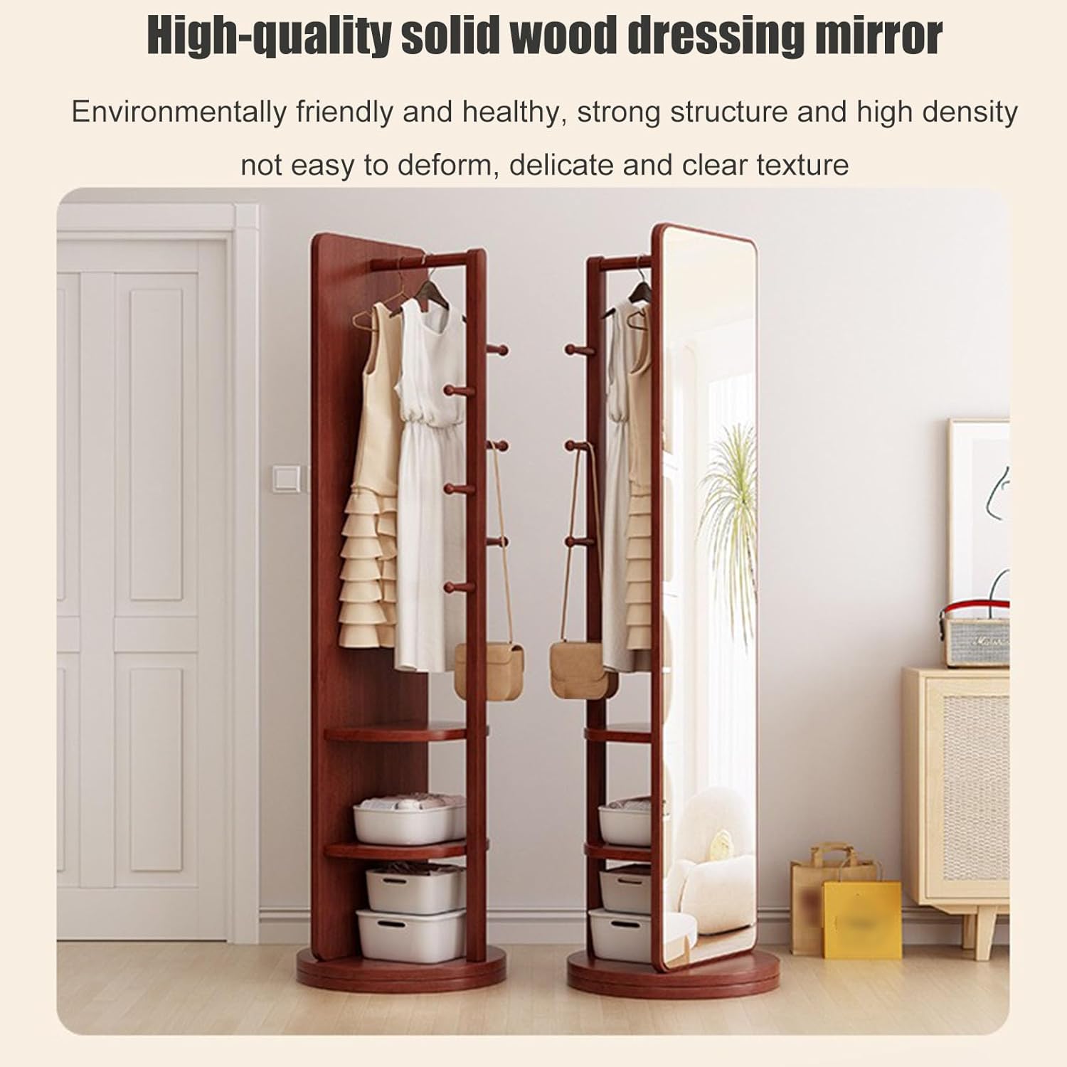Rotatable Full Length Mirror with Cloak Rack, 360° Rotating Solid Wood Full Body Mirror , 3-in-1 Floor Standing Mirrors with Hooks & Hidden Storage,for Bedroom, Living Room, Dressing Room, 66.1 * 15