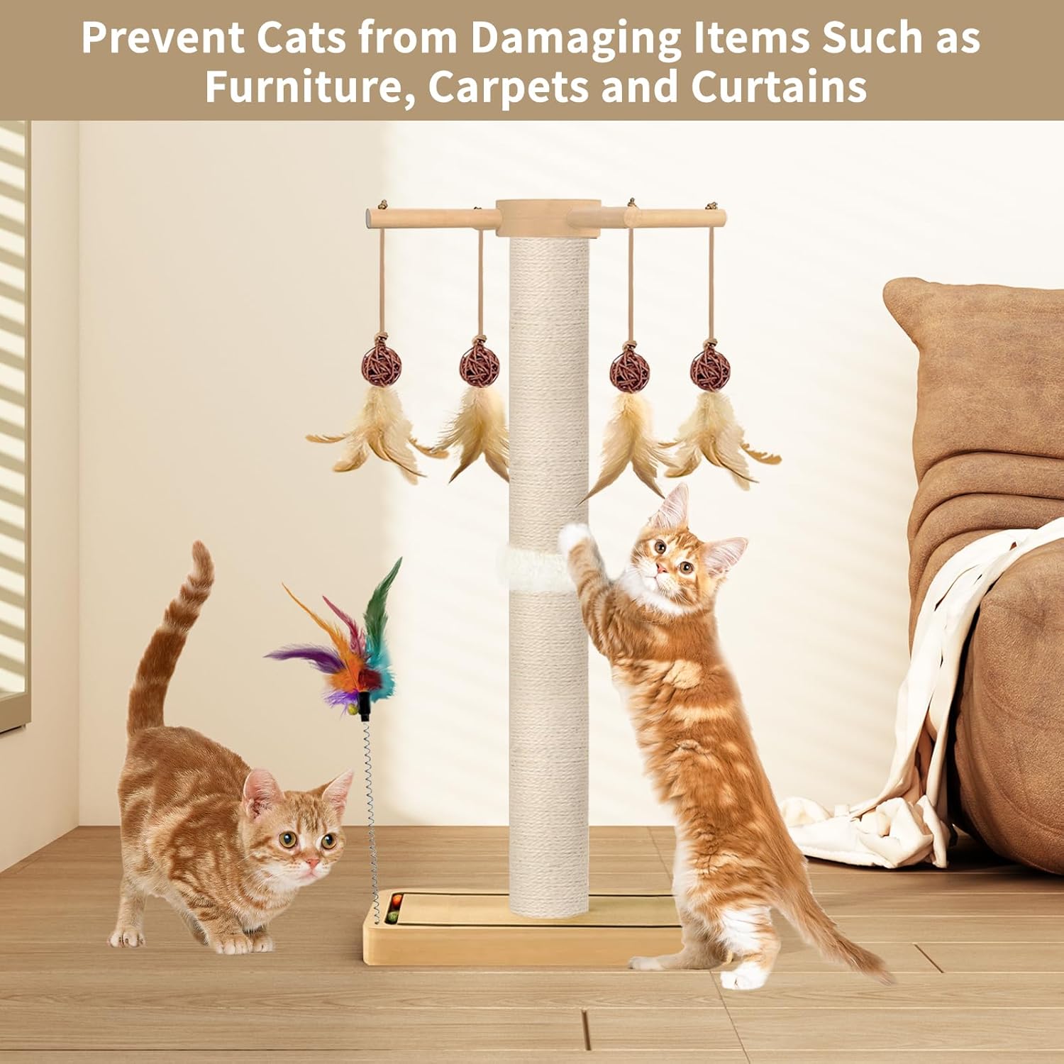 Cat Scratching Post, Sisal, Interactive Furniture Toys for Indoor Cats Adults, 2 Mounting Methods Scratcher Tree Tower with Hanging and Ball Track, Activity Center for Kitten, 25 inches