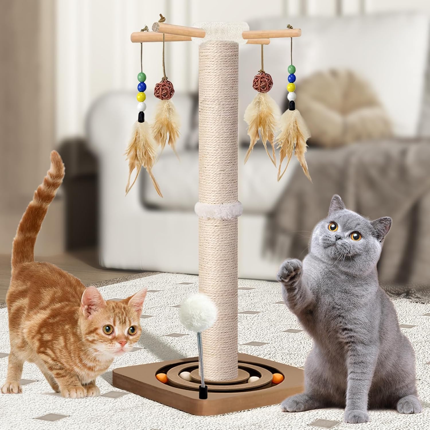 Cat Scratching Post, Sisal, Interactive Furniture Toys for Indoor Cats Adults, 2 Mounting Methods Scratcher Tree Tower with Hanging and Ball Track, Activity Center for Kitten, 25 inches
