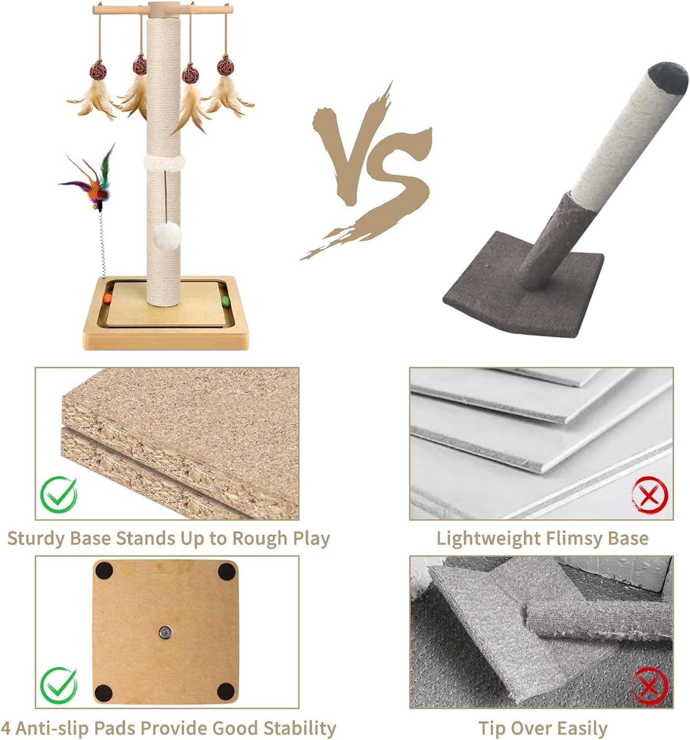 Cat Scratching Post, Sisal, Interactive Furniture Toys for Indoor Cats Adults, 2 Mounting Methods Scratcher Tree Tower with Hanging and Ball Track, Activity Center for Kitten, 25 inches