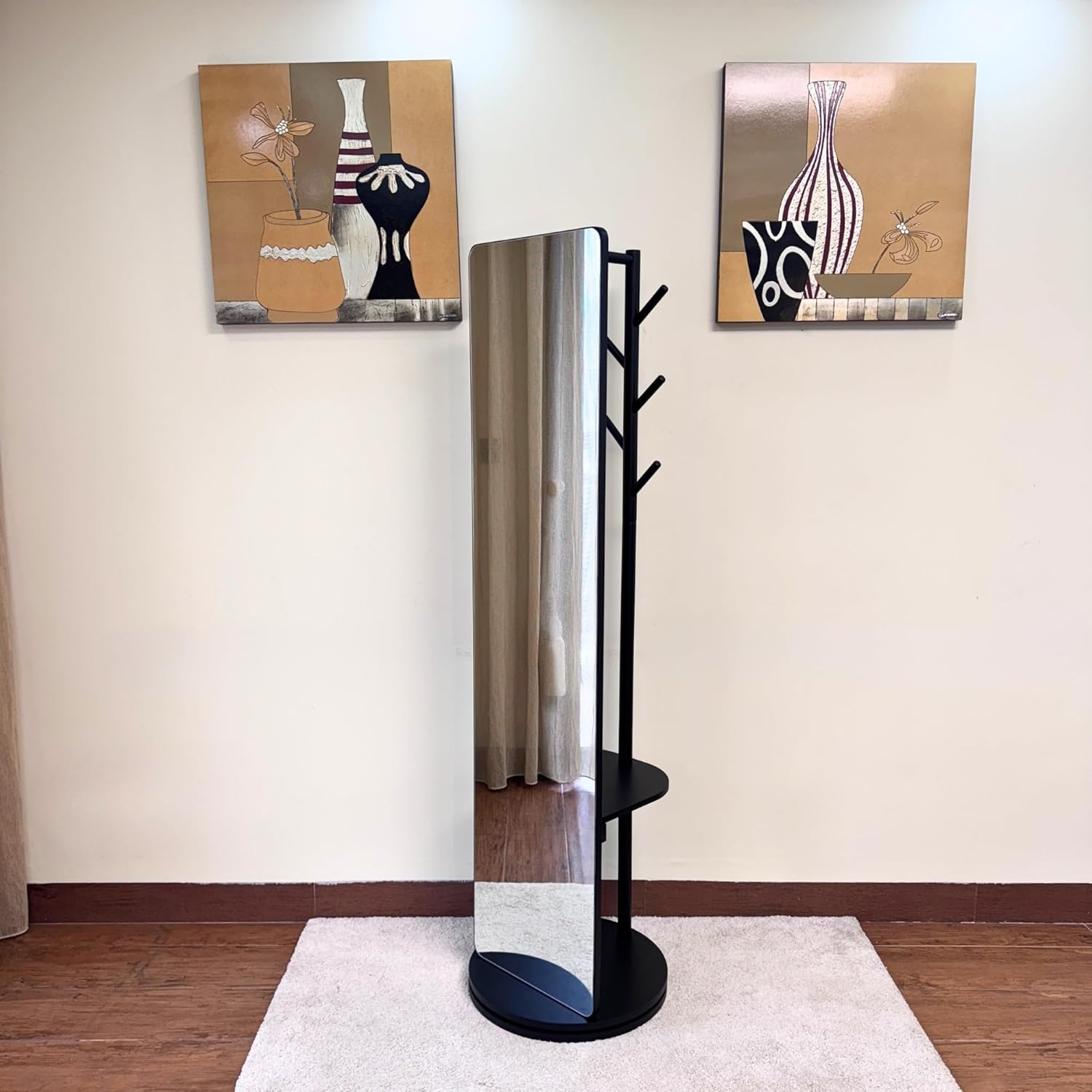 Rotating Solid Wood Full Length Mirror with Coat Rack, 69x16” Shatterproof Floor Mirror with Storage Clothes Rack, Shelf & Hooks – Ideal for Hallway, Bedroom, or Living Room (Black, Large)