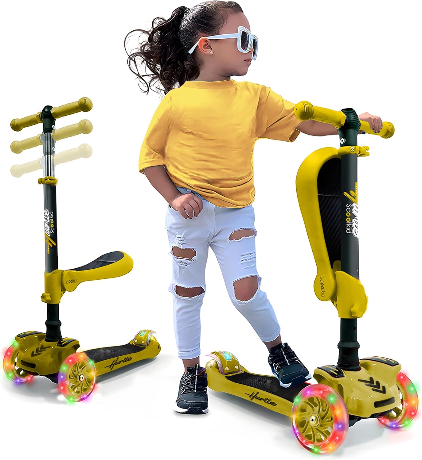 Hurtle 3-Wheeled Scooter for Kids - Wheel LED Lights, Adjustable Lean-to-Steer Handlebar, and Foldable Seat - Sit or Stand Ride with Brake for Boys and Girls Ages 1-14 Years Old