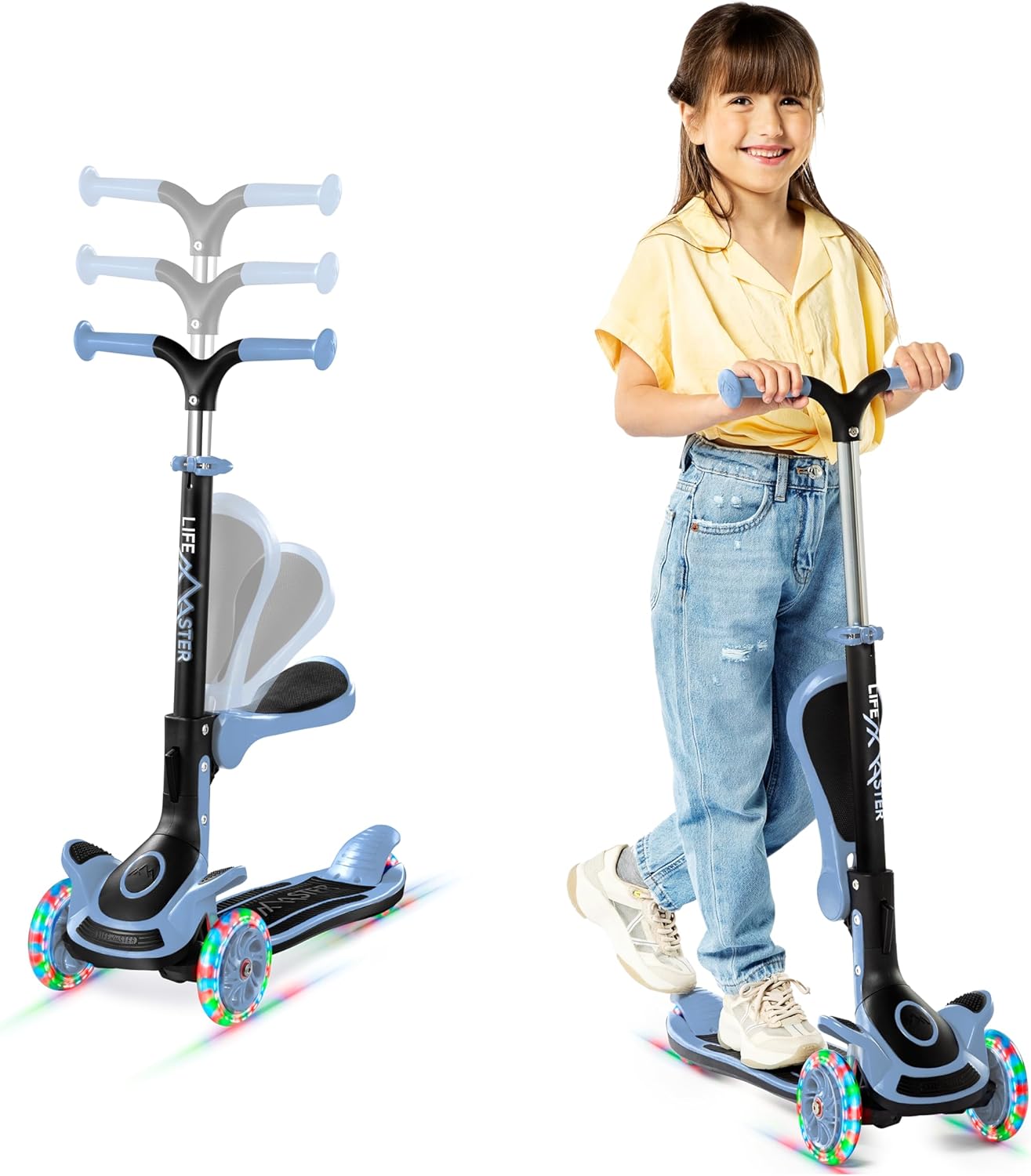 3 Wheel Scooter for Kids with Foldable Seat, Adjustable Handlebar Height, Lean-to-Steer Ride On Toy for Kids Ages 2+, Light-Up LED Wheels, Wide Anti Slip Deck, Indoor & Outdoor Use