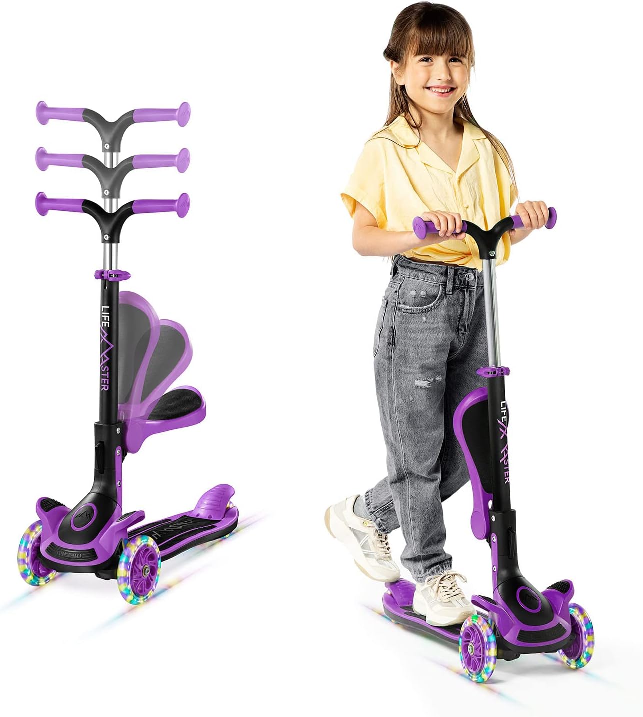 3 Wheel Scooter for Kids with Foldable Seat, Adjustable Handlebar Height, Lean-to-Steer Ride On Toy for Kids Ages 2+, Light-Up LED Wheels, Wide Anti Slip Deck, Indoor & Outdoor Use