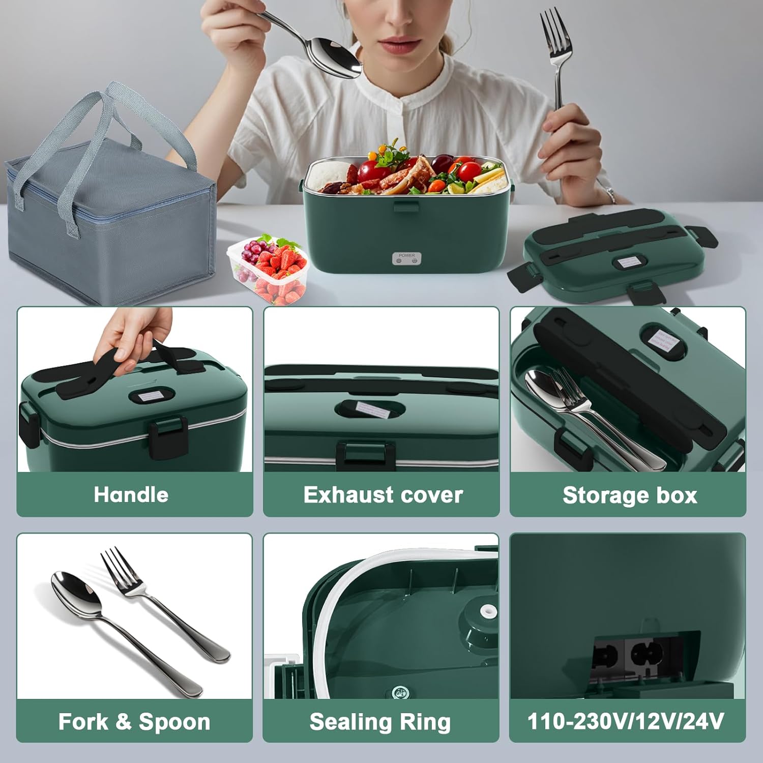 DUPASU Electric Lunch Box Food Warmer: 100W Heated Lunch Box for Adults, 1.8L Portable Fast Heating Lunchbox Food Heater for Car, Truck, Work, Travel, Lonchera Elctrica Porttil 12/24V/110-230V