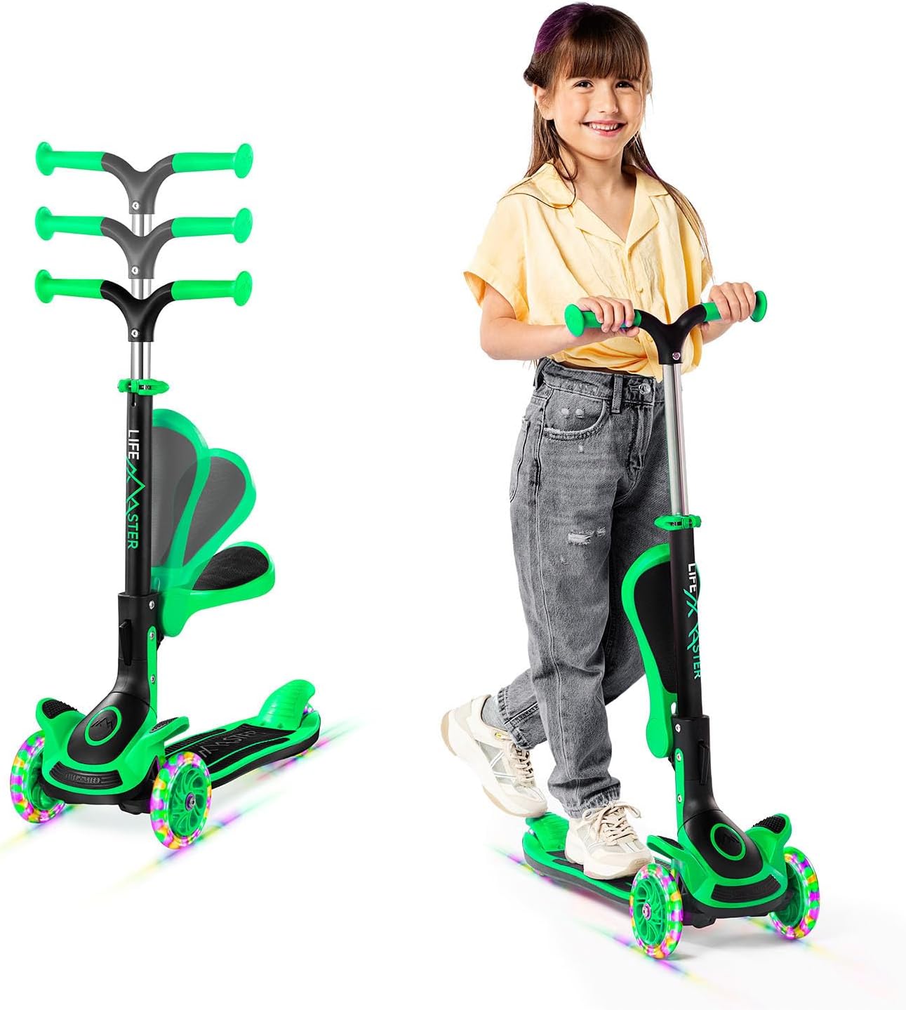 3 Wheel Scooter for Kids with Foldable Seat, Adjustable Handlebar Height, Lean-to-Steer Ride On Toy for Kids Ages 2+, Light-Up LED Wheels, Wide Anti Slip Deck, Indoor & Outdoor Use