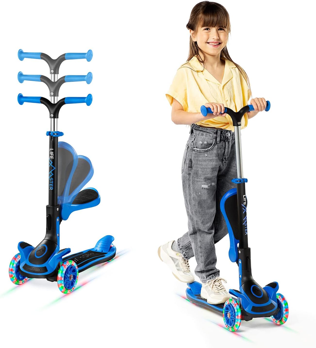 3 Wheel Scooter for Kids with Foldable Seat, Adjustable Handlebar Height, Lean-to-Steer Ride On Toy for Kids Ages 2+, Light-Up LED Wheels, Wide Anti Slip Deck, Indoor & Outdoor Use