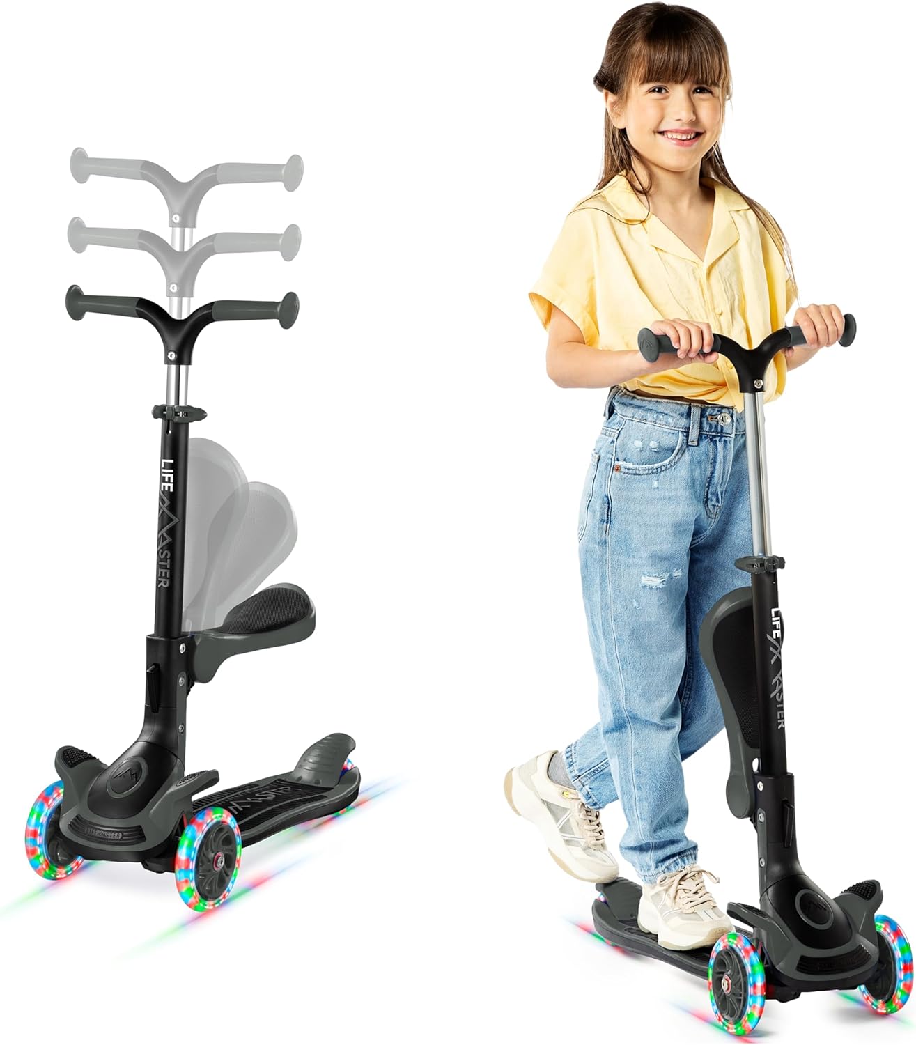 3 Wheel Scooter for Kids with Foldable Seat, Adjustable Handlebar Height, Lean-to-Steer Ride On Toy for Kids Ages 2+, Light-Up LED Wheels, Wide Anti Slip Deck, Indoor & Outdoor Use