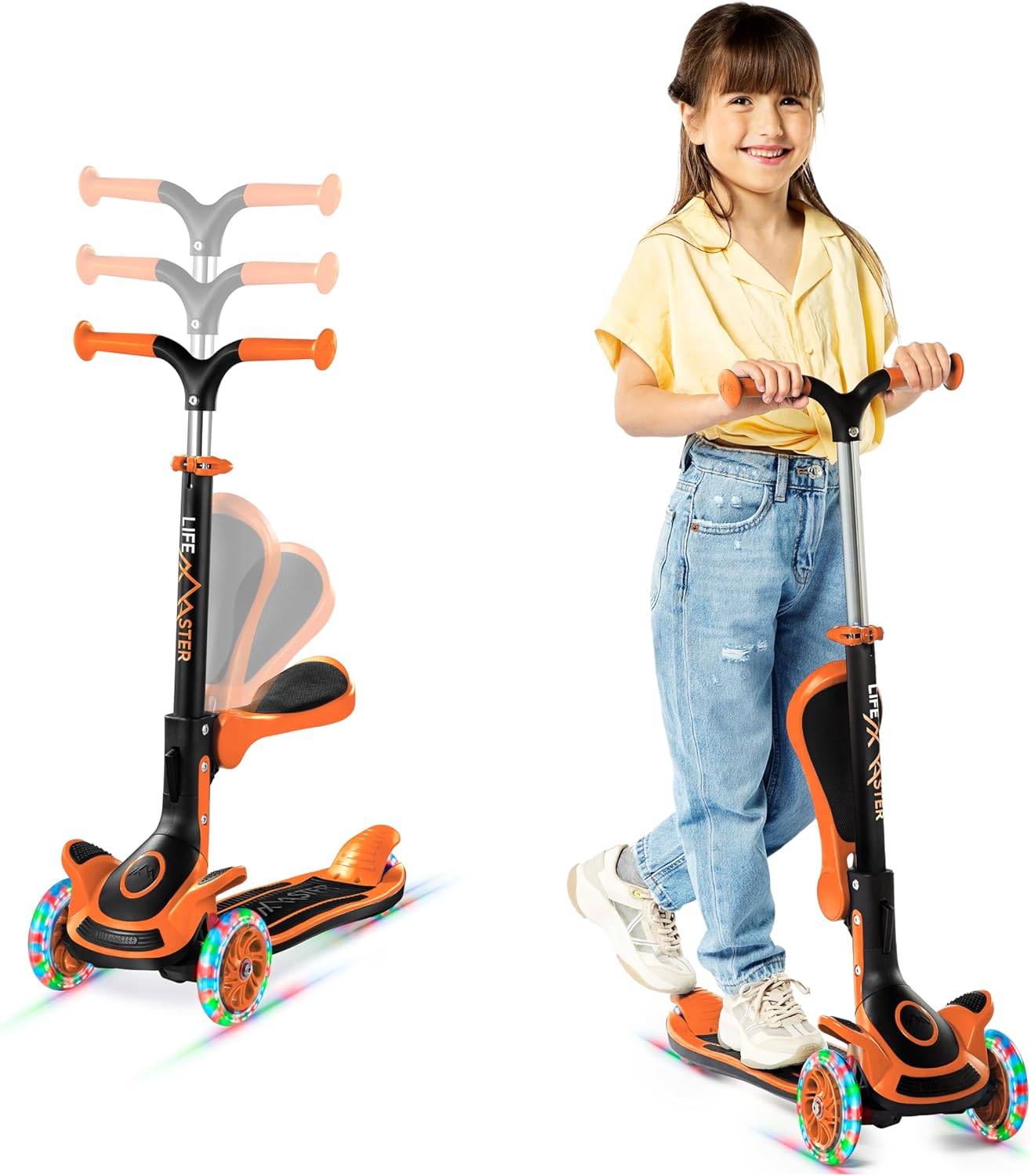 3 Wheel Scooter for Kids with Foldable Seat, Adjustable Handlebar Height, Lean-to-Steer Ride On Toy for Kids Ages 2+, Light-Up LED Wheels, Wide Anti Slip Deck, Indoor & Outdoor Use