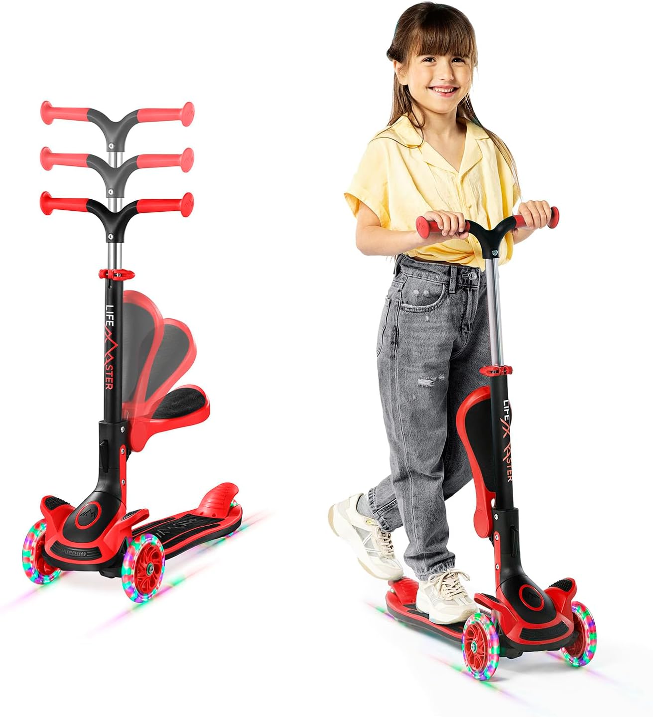 3 Wheel Scooter for Kids with Foldable Seat, Adjustable Handlebar Height, Lean-to-Steer Ride On Toy for Kids Ages 2+, Light-Up LED Wheels, Wide Anti Slip Deck, Indoor & Outdoor Use