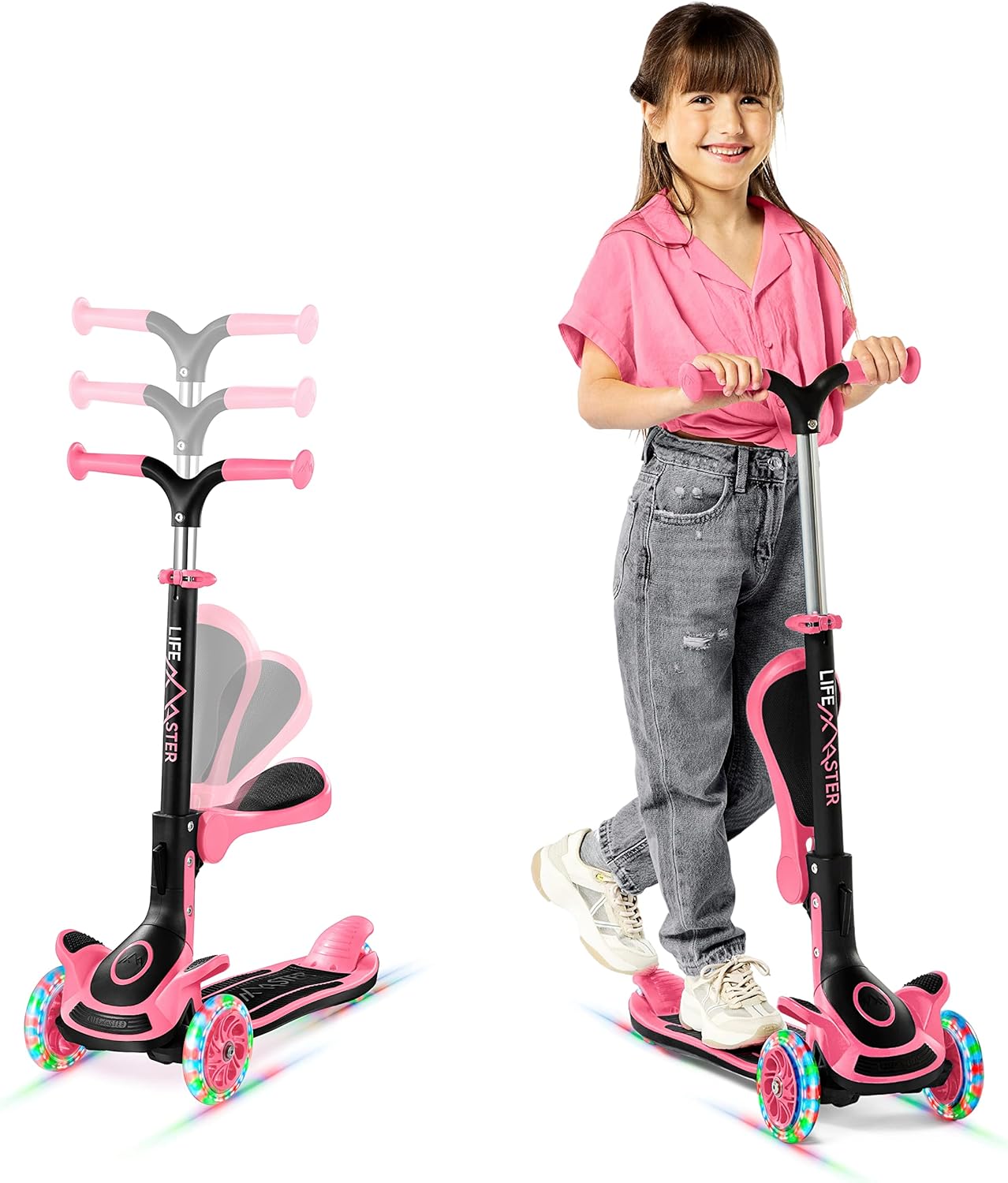 3 Wheel Scooter for Kids with Foldable Seat, Adjustable Handlebar Height, Lean-to-Steer Ride On Toy for Kids Ages 2+, Light-Up LED Wheels, Wide Anti Slip Deck, Indoor & Outdoor Use