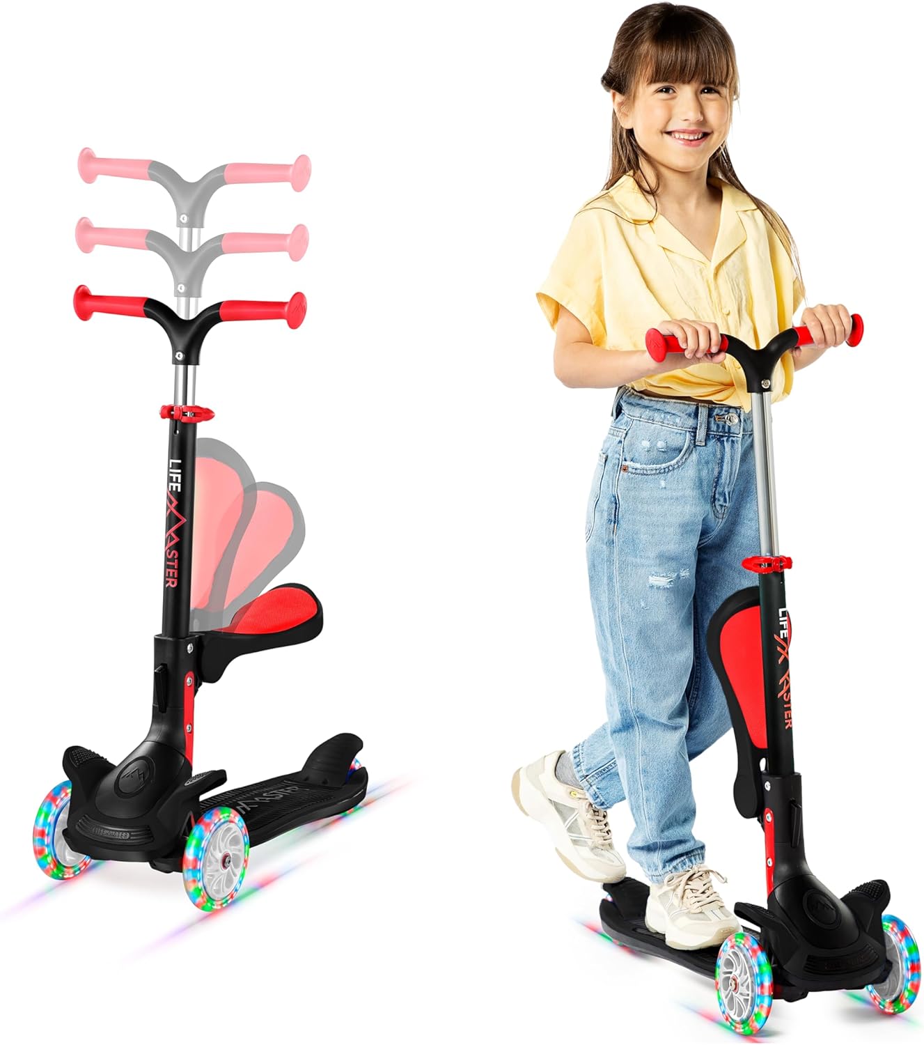 3 Wheel Scooter for Kids with Foldable Seat, Adjustable Handlebar Height, Lean-to-Steer Ride On Toy for Kids Ages 2+, Light-Up LED Wheels, Wide Anti Slip Deck, Indoor & Outdoor Use