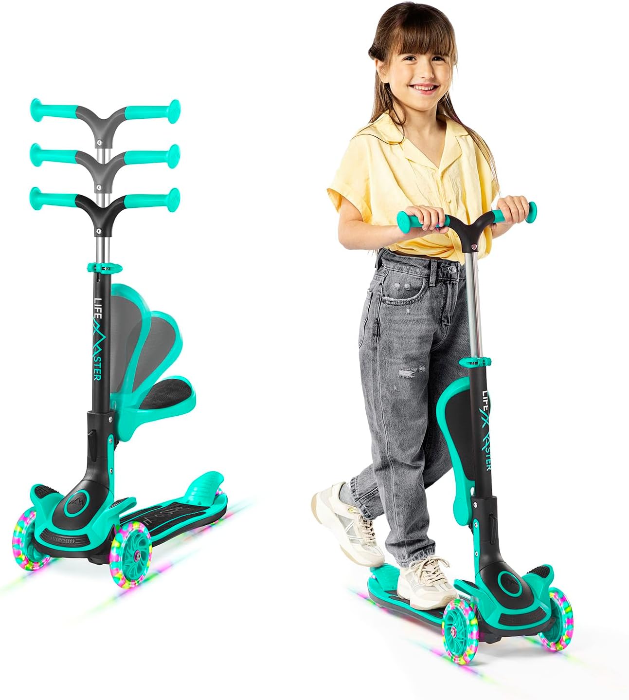 3 Wheel Scooter for Kids with Foldable Seat, Adjustable Handlebar Height, Lean-to-Steer Ride On Toy for Kids Ages 2+, Light-Up LED Wheels, Wide Anti Slip Deck, Indoor & Outdoor Use
