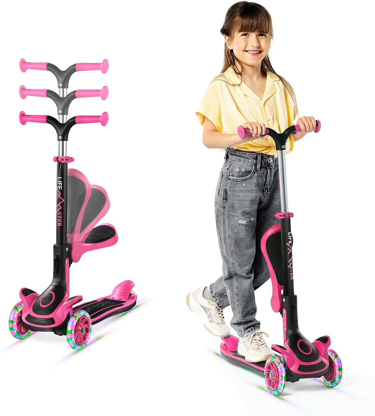 3 Wheel Scooter for Kids with Foldable Seat, Adjustable Handlebar Height, Lean-to-Steer Ride On Toy for Kids Ages 2+, Light-Up LED Wheels, Wide Anti Slip Deck, Indoor & Outdoor Use