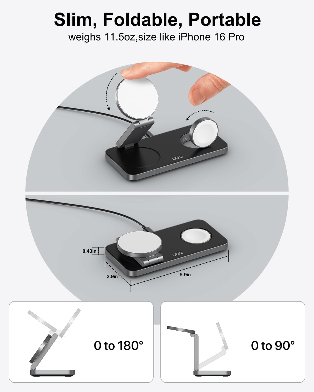 UEQ Foldable 3 in 1 Wireless Charging Station for Apple Magsafe Charger Stand,Fast Magnetic Wireless Charger Station for iPhone 17 Air 16 15 14 13 12 Series,Airpods Pro,Apple Watch Ultra (Pure Black)