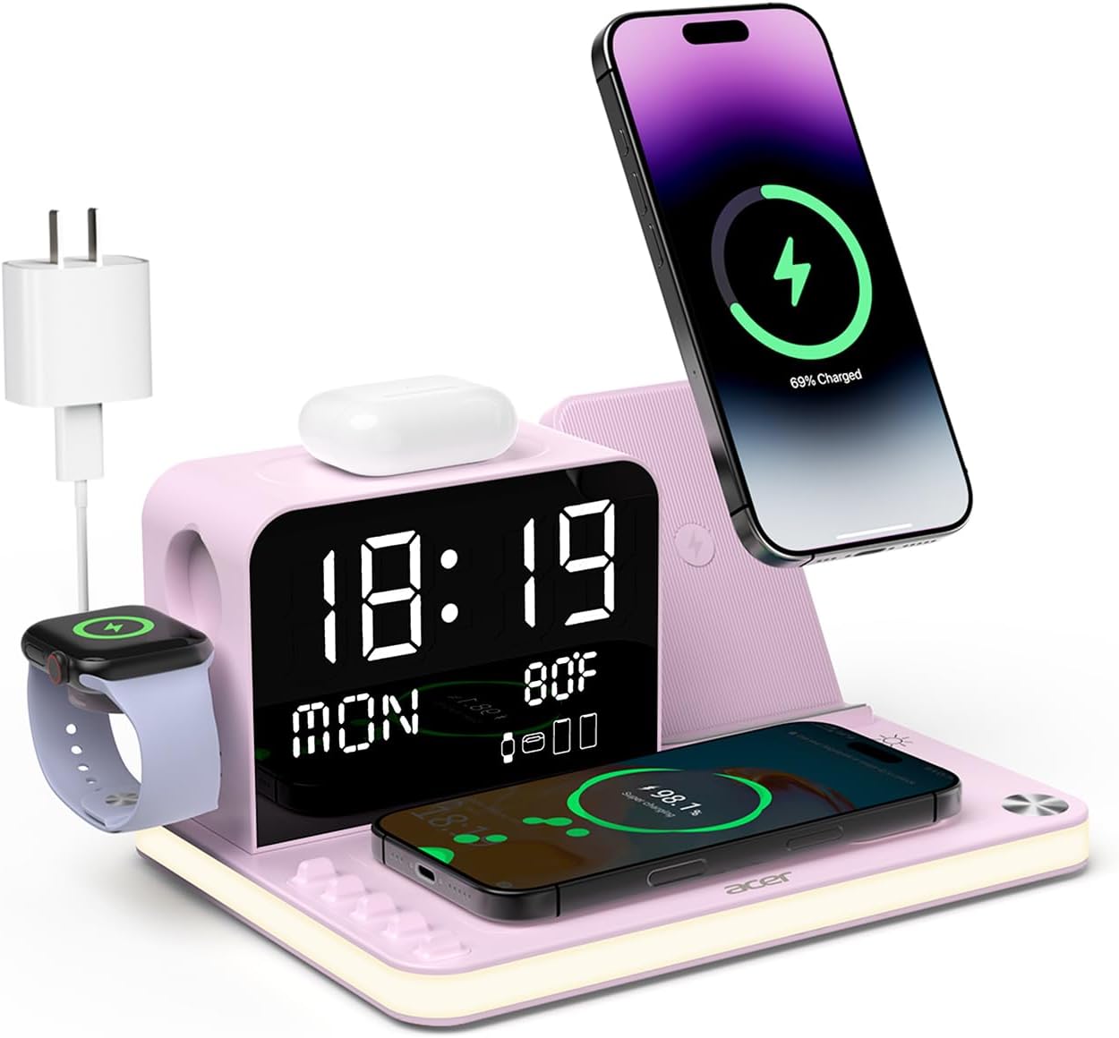 acer 7-in-1 Wireless Charging Station: Charger Stand for Multiple Devices for Apple - iPhone 16 15 14 13 12 Pro Max Apple Watch Airpods, Wireless Charger iPhone Charging Station with Bluetooth TimeSyn