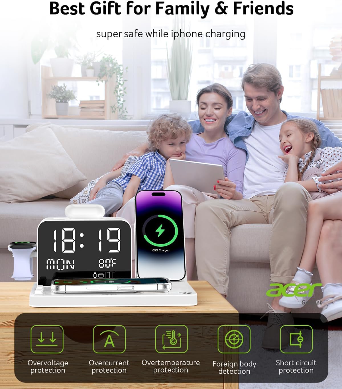 acer 7-in-1 Wireless Charging Station: Charger Stand for Multiple Devices for Apple - iPhone 16 15 14 13 12 Pro Max Apple Watch Airpods, Wireless Charger iPhone Charging Station with Bluetooth TimeSyn