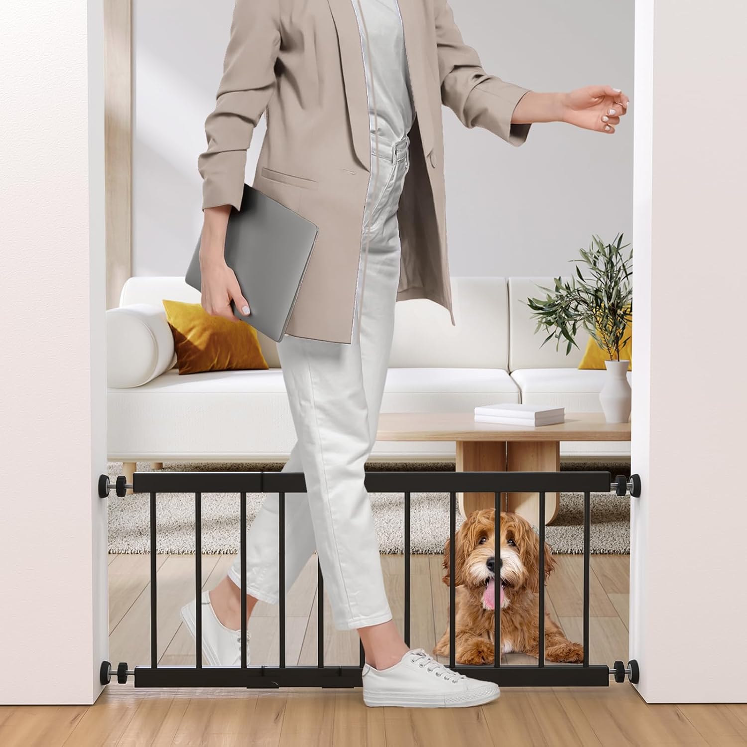 Fldofaves Dog Gate - 18-45 Adjustable Extra Wide Metal Baby Gate to Step Over, 10 Tall Small Pet Gate with 3 Extension Kits, Pressure Mounted for Doorways & Stairs