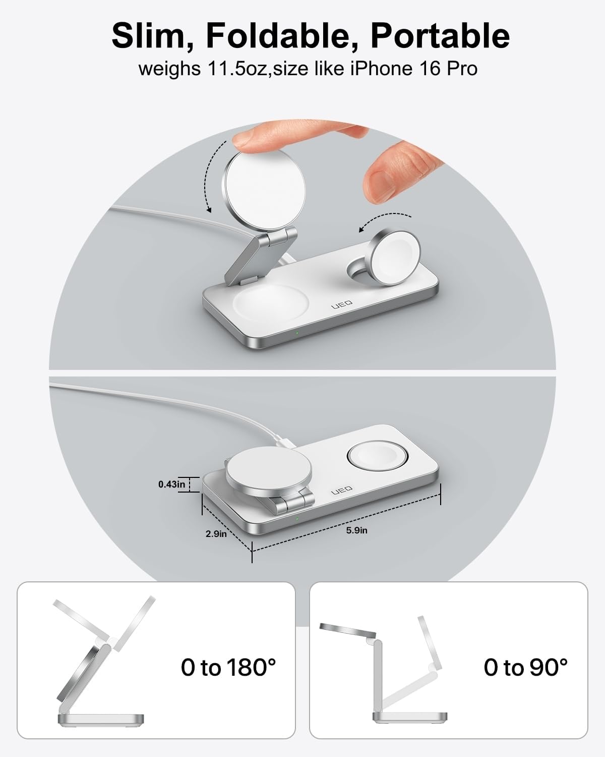 UEQ Foldable 3 in 1 Wireless Charging Station for Apple Magsafe Charger Stand,Fast Magnetic Wireless Charger Station for iPhone 17 Air 16 15 14 13 12 Series,Airpods Pro,Apple Watch Ultra (Pure Black)