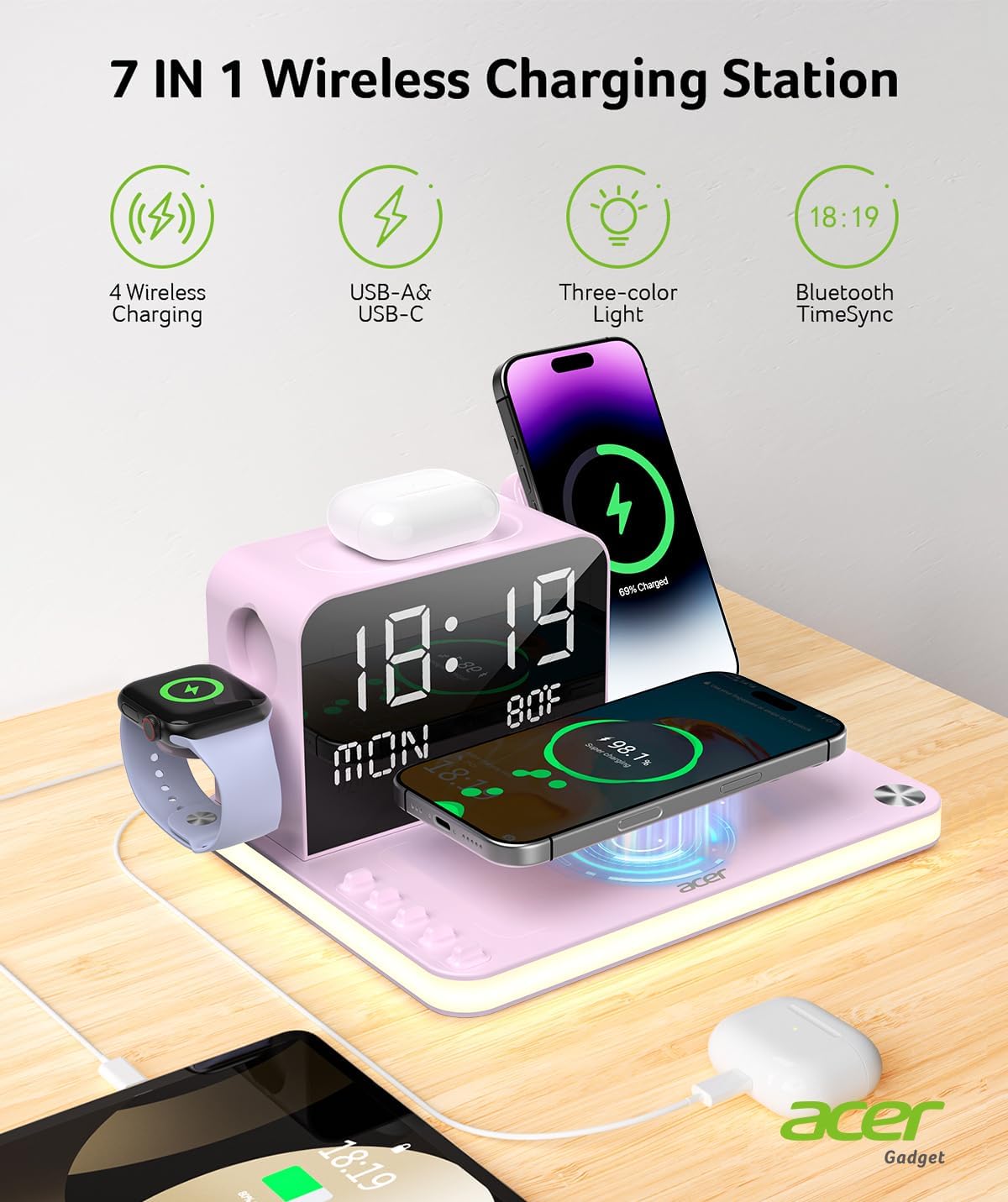 acer 7-in-1 Wireless Charging Station: Charger Stand for Multiple Devices for Apple - iPhone 16 15 14 13 12 Pro Max Apple Watch Airpods, Wireless Charger iPhone Charging Station with Bluetooth TimeSyn