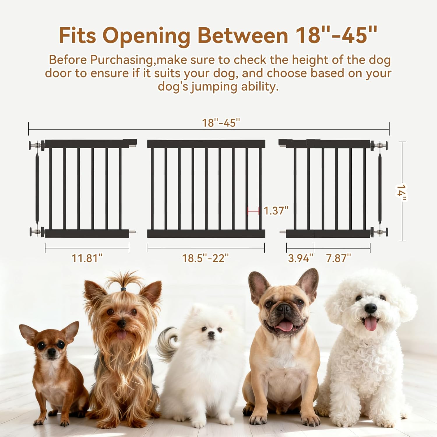 Fldofaves Dog Gate - 18-45 Adjustable Extra Wide Metal Baby Gate to Step Over, 10 Tall Small Pet Gate with 3 Extension Kits, Pressure Mounted for Doorways & Stairs