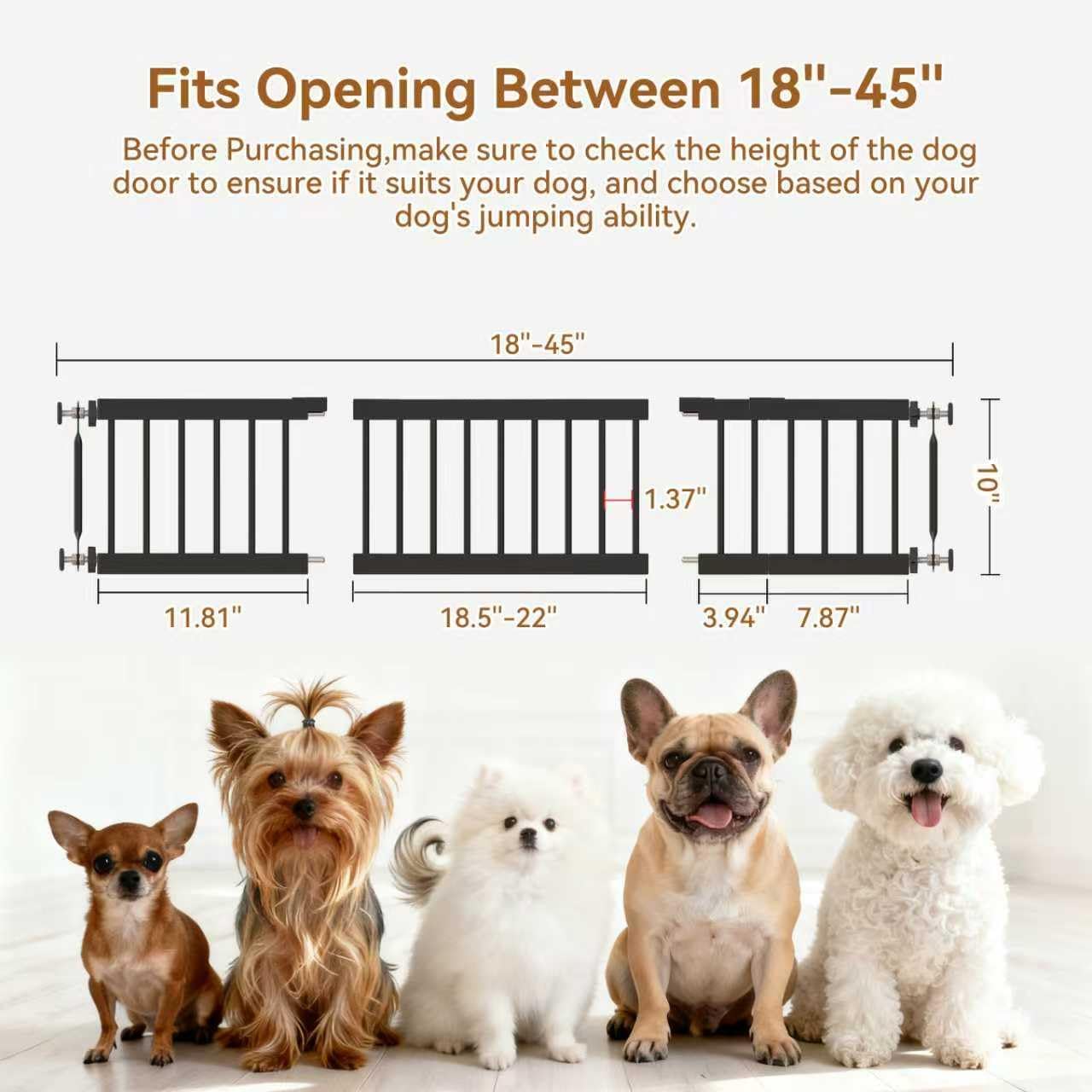 Fldofaves Dog Gate - 18-45 Adjustable Extra Wide Metal Baby Gate to Step Over, 10 Tall Small Pet Gate with 3 Extension Kits, Pressure Mounted for Doorways & Stairs