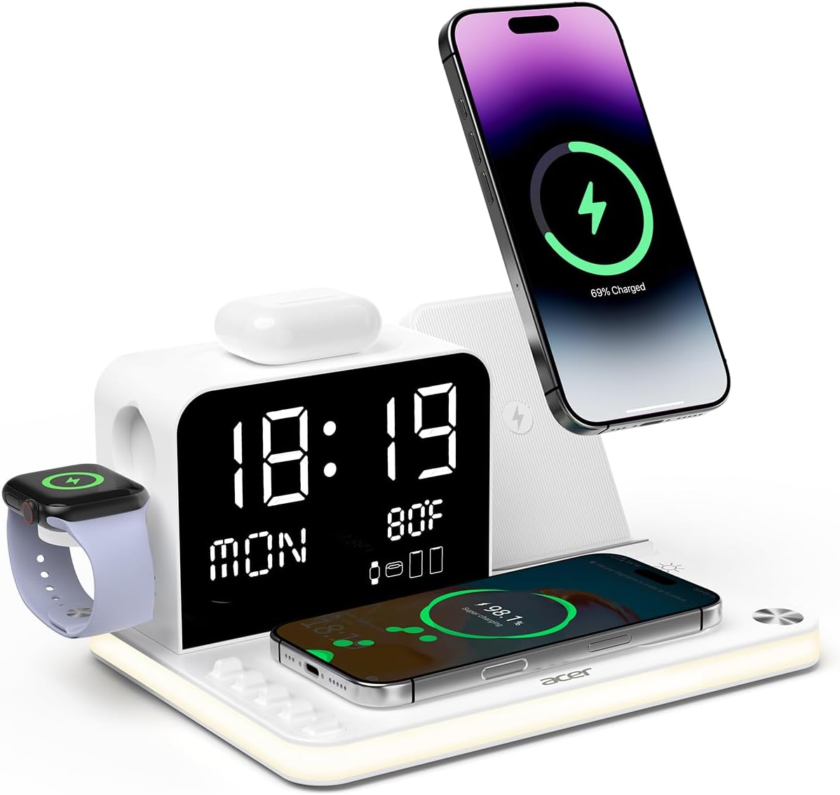 acer 7-in-1 Wireless Charging Station: Charger Stand for Multiple Devices for Apple - iPhone 16 15 14 13 12 Pro Max Apple Watch Airpods, Wireless Charger iPhone Charging Station with Bluetooth TimeSyn