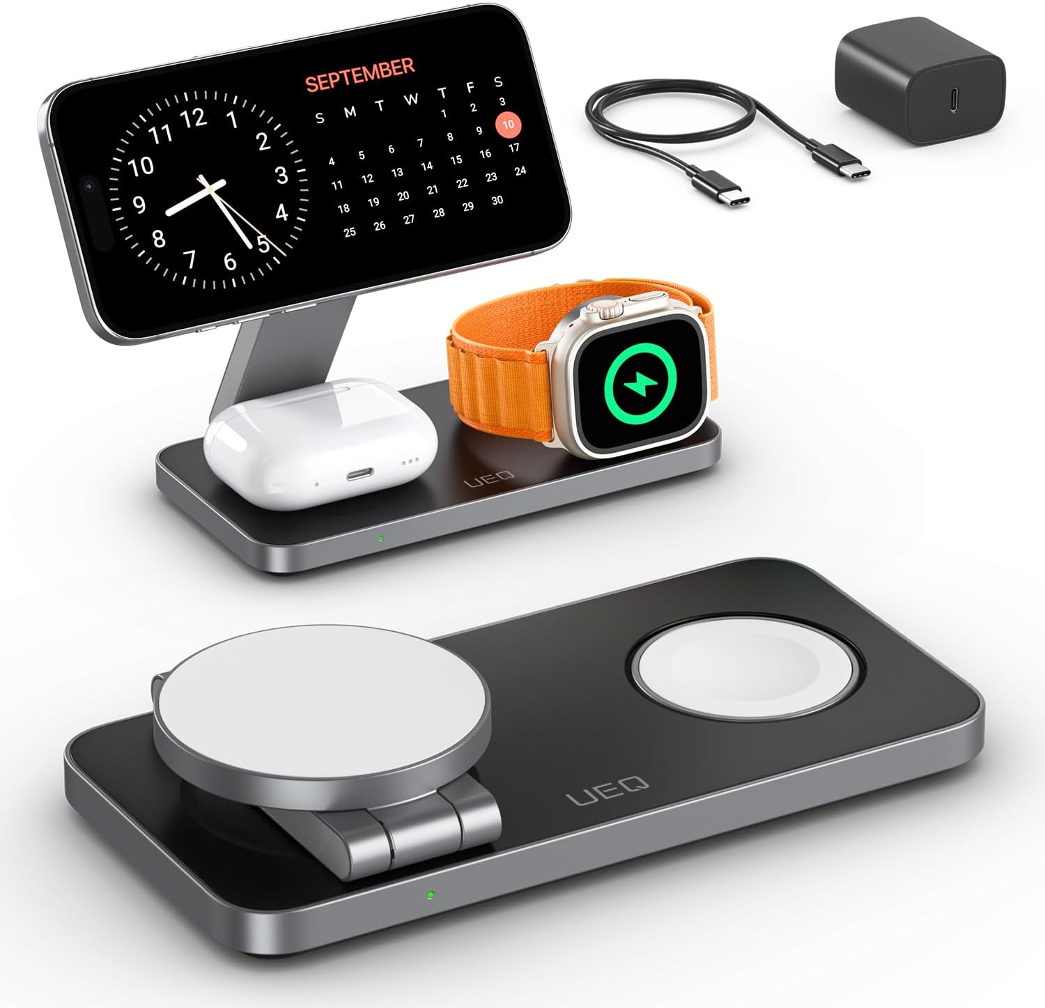 UEQ Foldable 3 in 1 Wireless Charging Station for Apple Magsafe Charger Stand,Fast Magnetic Wireless Charger Station for iPhone 17 Air 16 15 14 13 12 Series,Airpods Pro,Apple Watch Ultra (Pure Black)