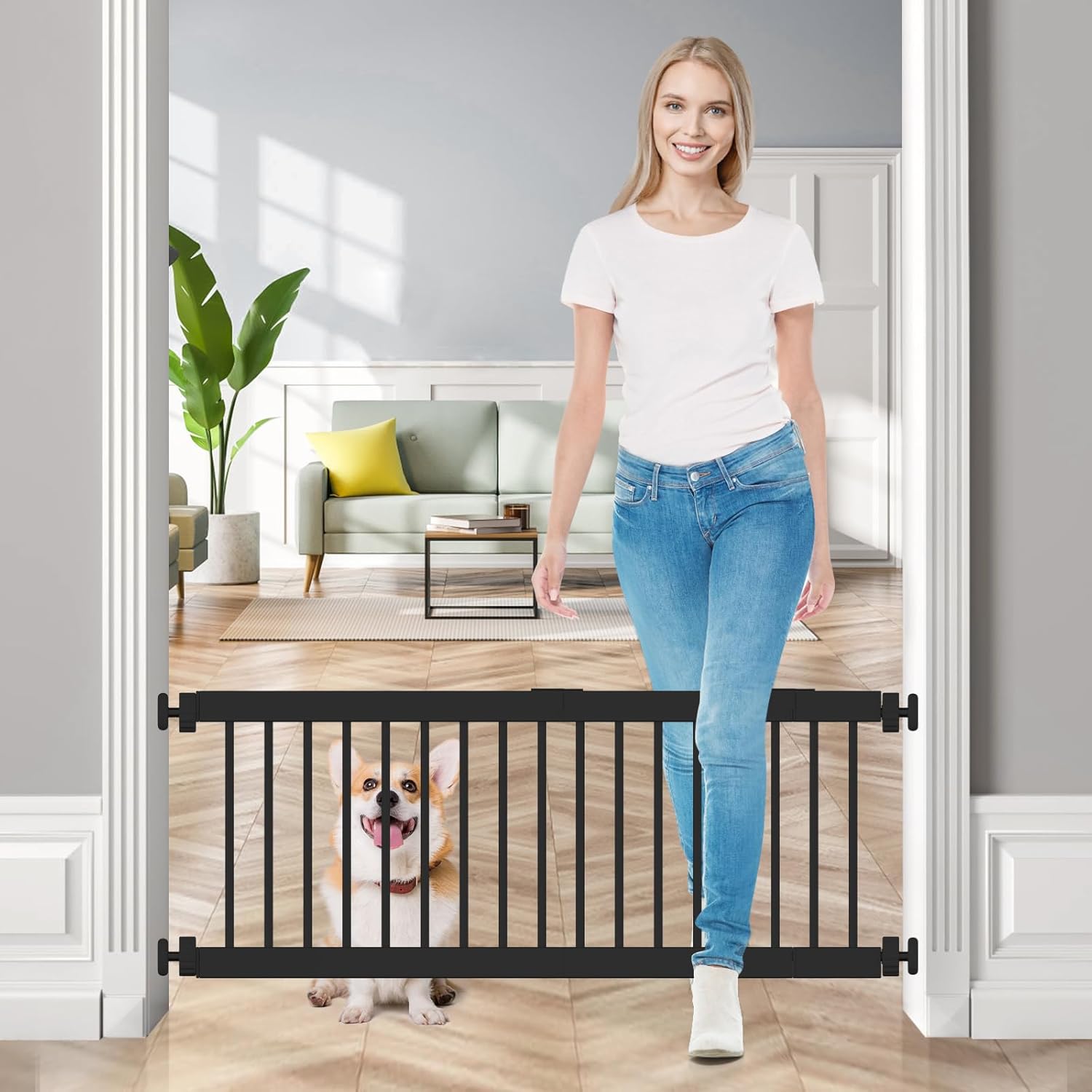 Fldofaves Dog Gate - 18-45 Adjustable Extra Wide Metal Baby Gate to Step Over, 10 Tall Small Pet Gate with 3 Extension Kits, Pressure Mounted for Doorways & Stairs