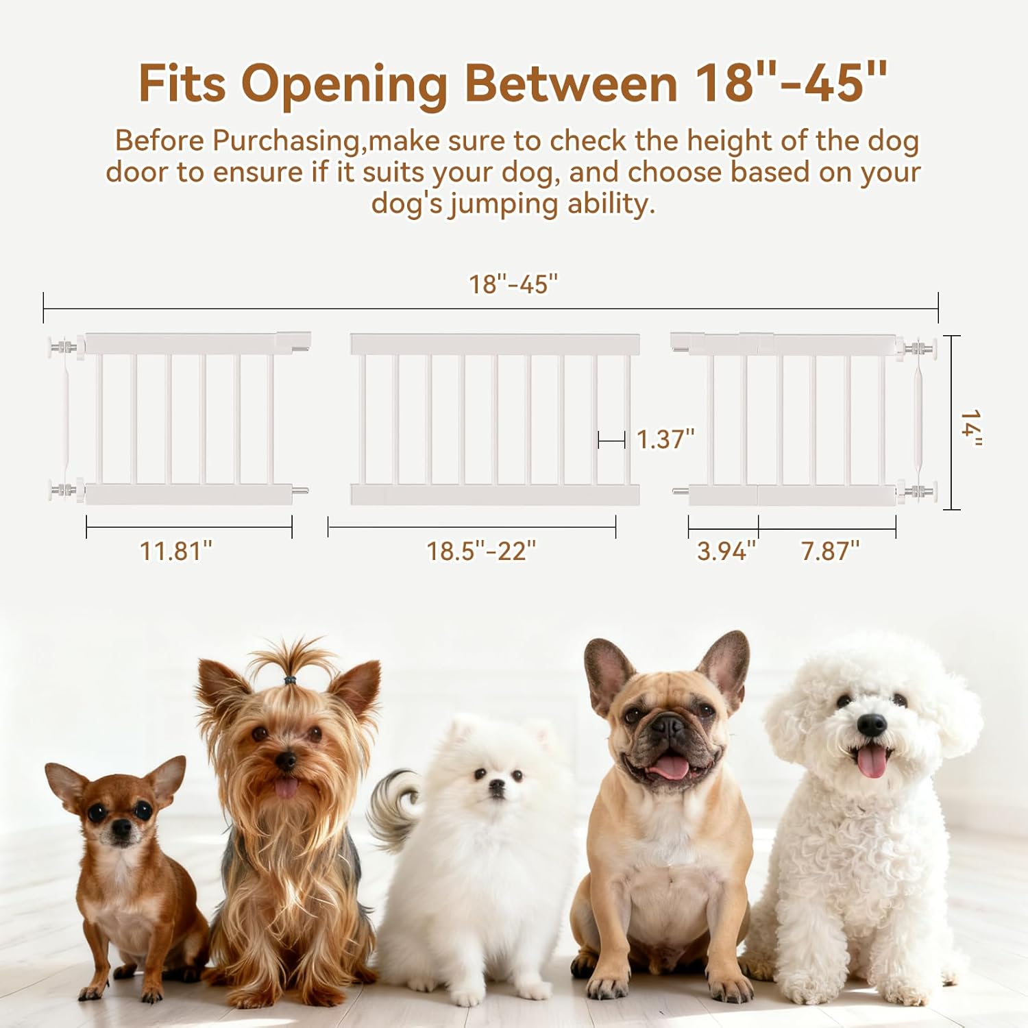 Fldofaves Dog Gate - 18-45 Adjustable Extra Wide Metal Baby Gate to Step Over, 10 Tall Small Pet Gate with 3 Extension Kits, Pressure Mounted for Doorways & Stairs