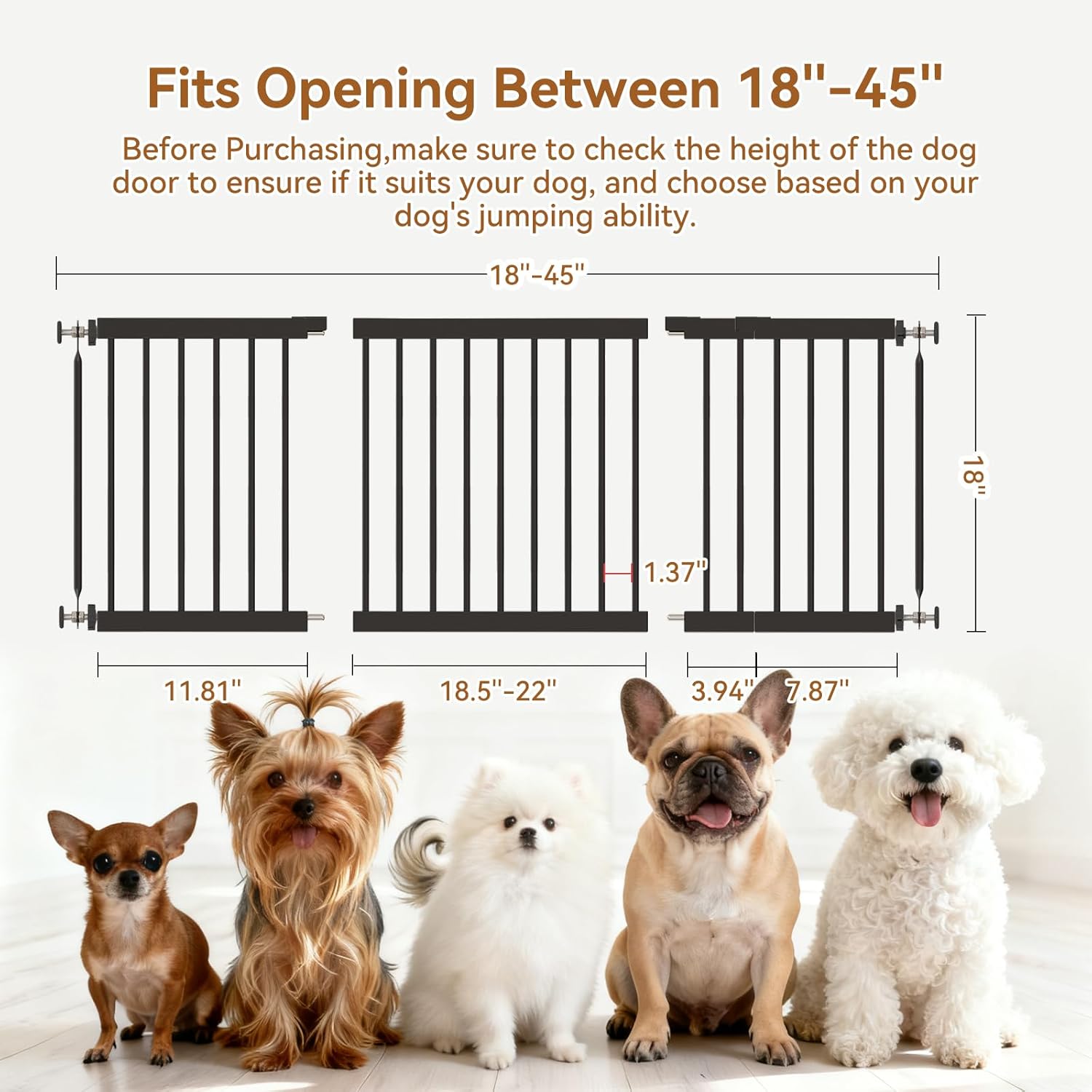 Fldofaves Dog Gate - 18-45 Adjustable Extra Wide Metal Baby Gate to Step Over, 10 Tall Small Pet Gate with 3 Extension Kits, Pressure Mounted for Doorways & Stairs