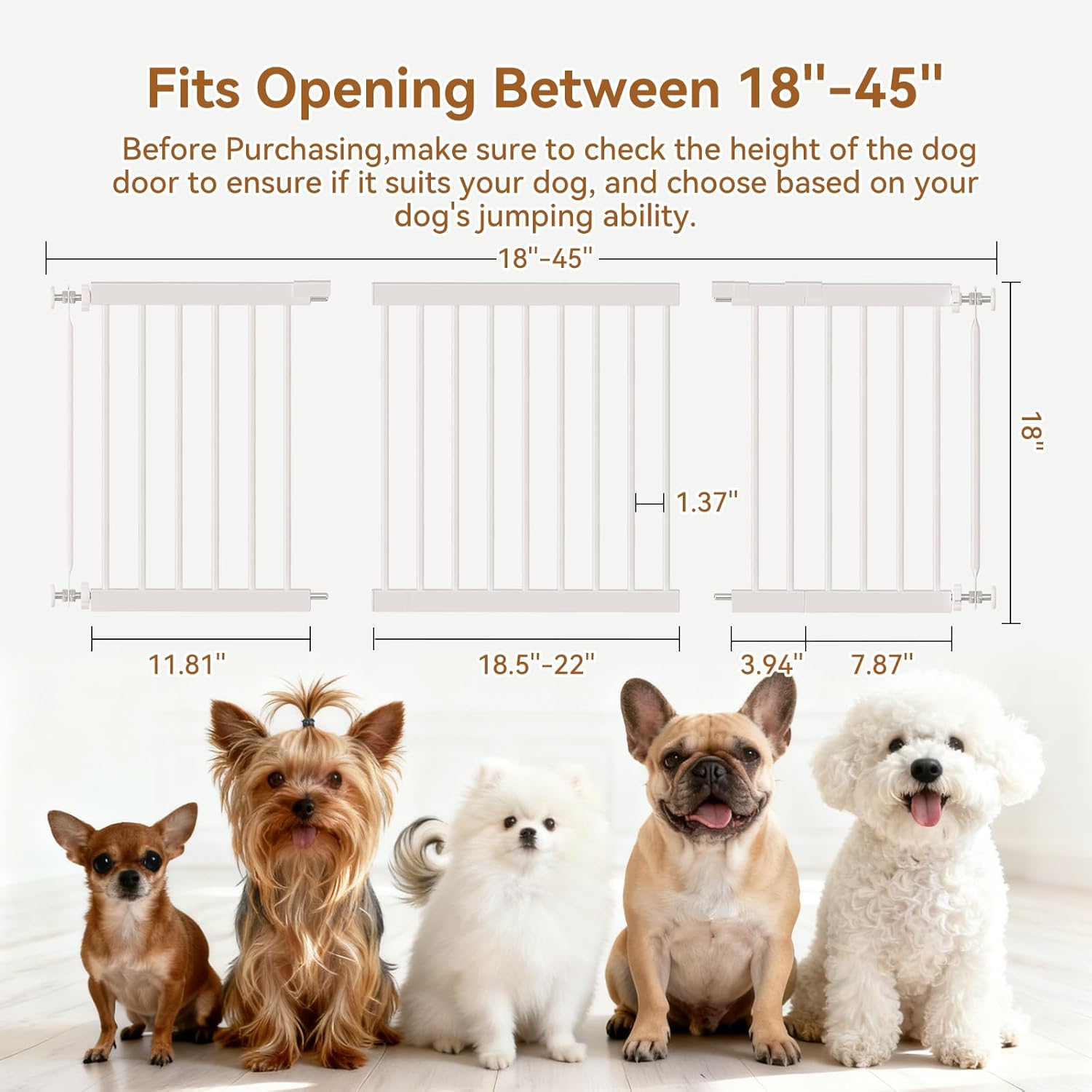 Fldofaves Dog Gate - 18-45 Adjustable Extra Wide Metal Baby Gate to Step Over, 10 Tall Small Pet Gate with 3 Extension Kits, Pressure Mounted for Doorways & Stairs