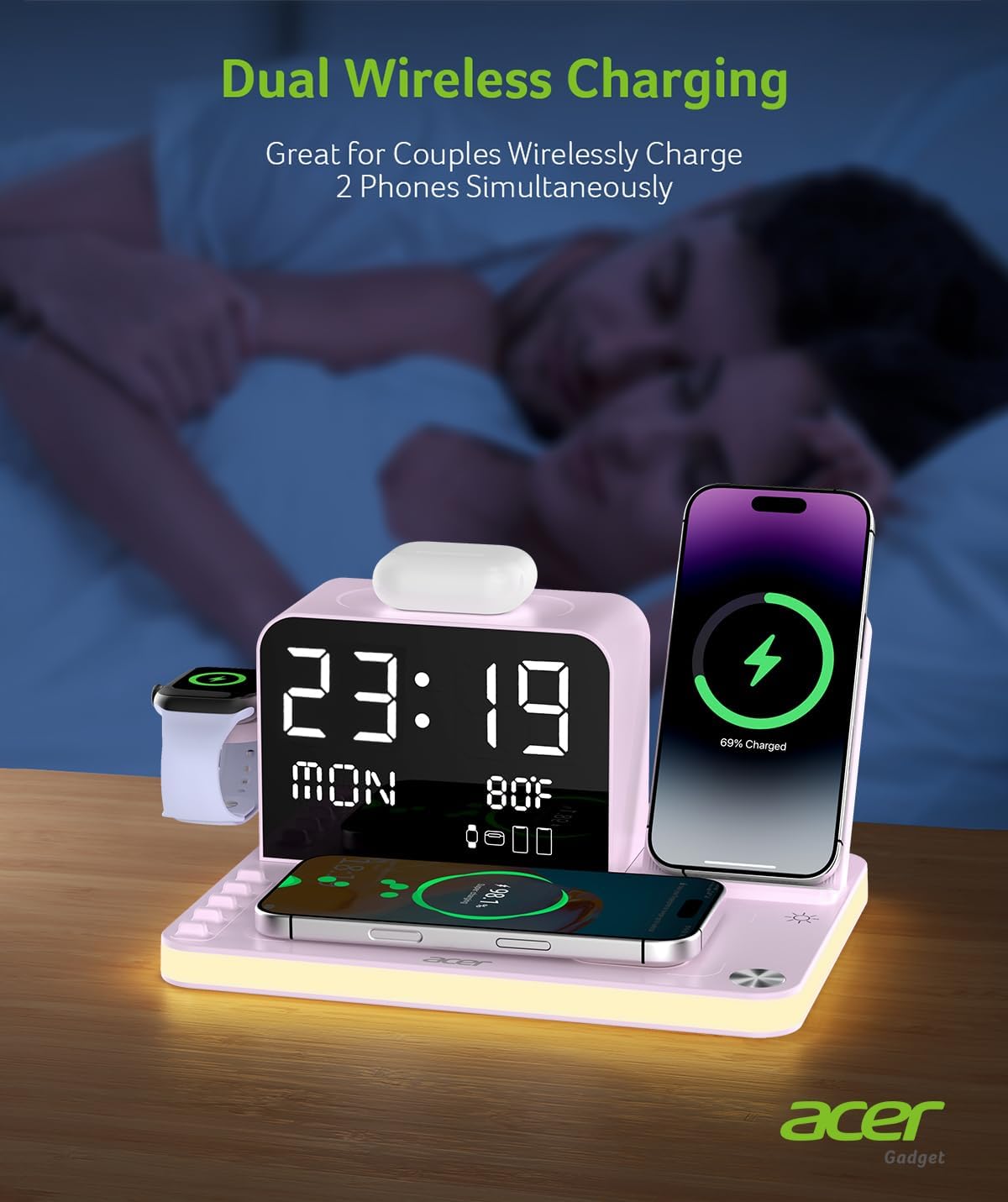 acer 7-in-1 Wireless Charging Station: Charger Stand for Multiple Devices for Apple - iPhone 16 15 14 13 12 Pro Max Apple Watch Airpods, Wireless Charger iPhone Charging Station with Bluetooth TimeSyn