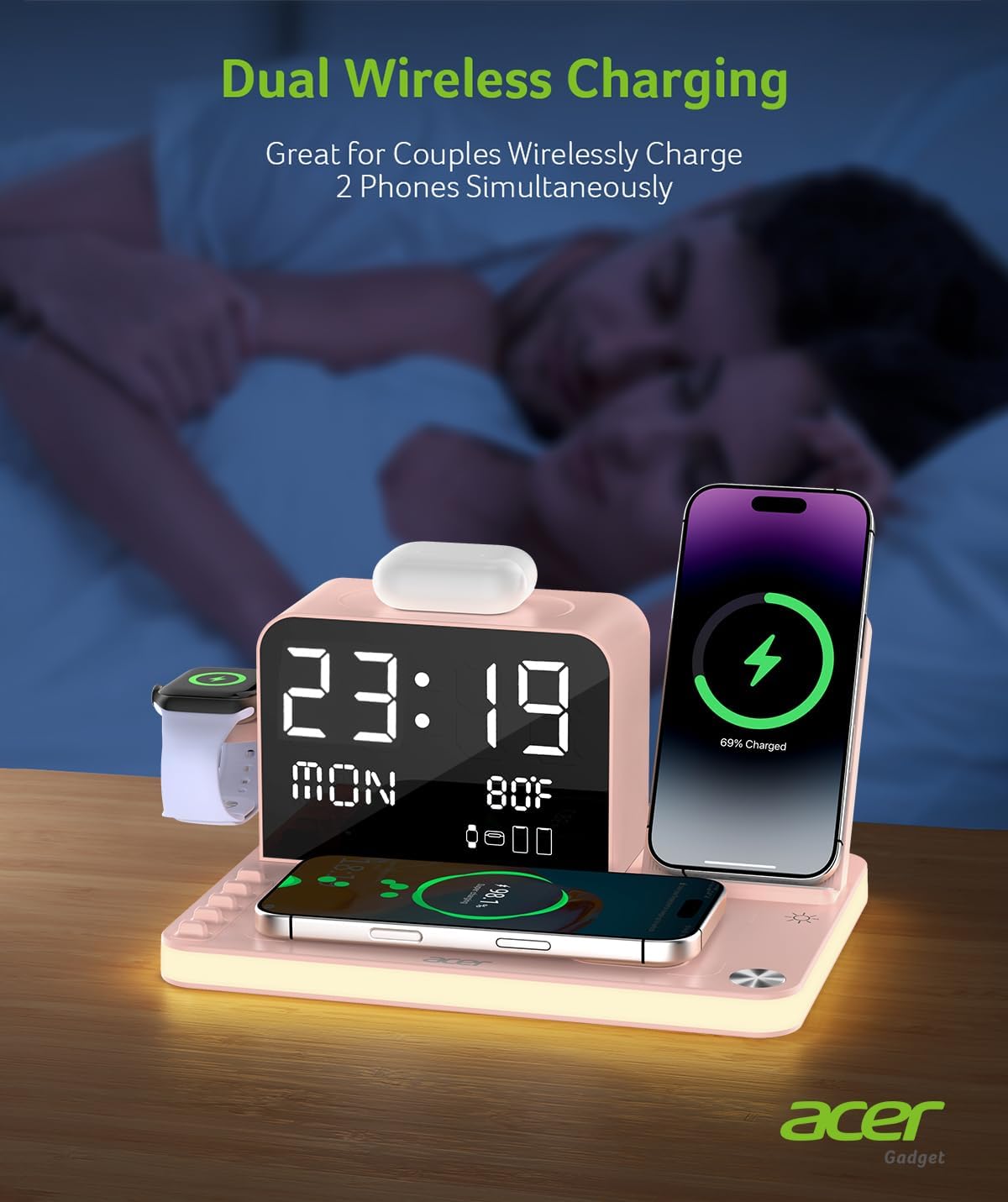 acer 7-in-1 Wireless Charging Station: Charger Stand for Multiple Devices for Apple - iPhone 16 15 14 13 12 Pro Max Apple Watch Airpods, Wireless Charger iPhone Charging Station with Bluetooth TimeSyn